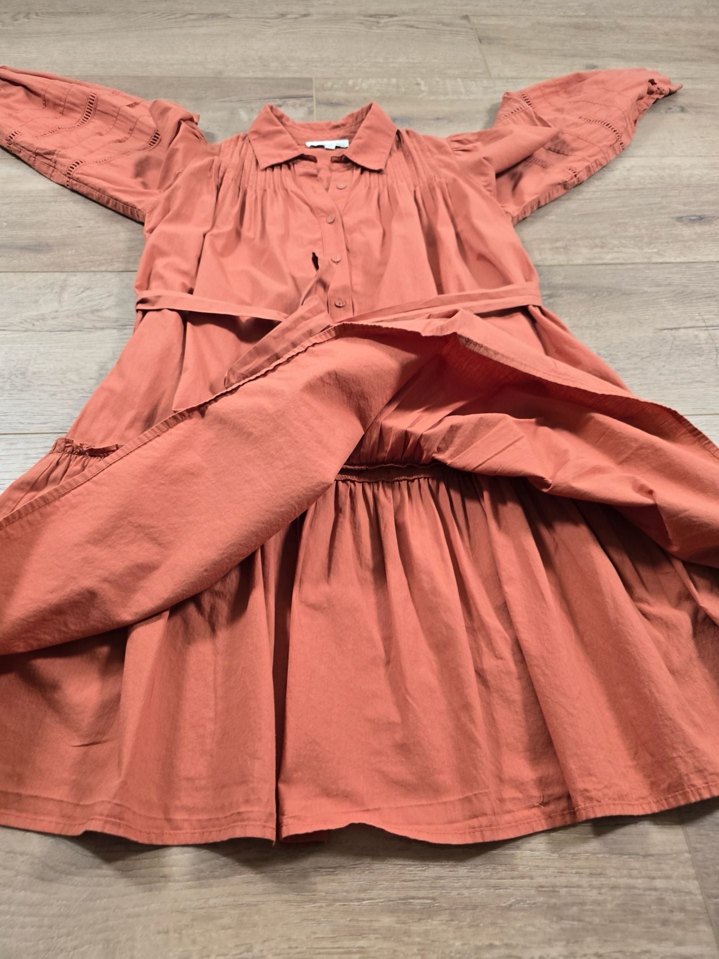 PINCH Cotton Shirt Dress Terracotta Long Sleeve Tiered Belted Size S 7