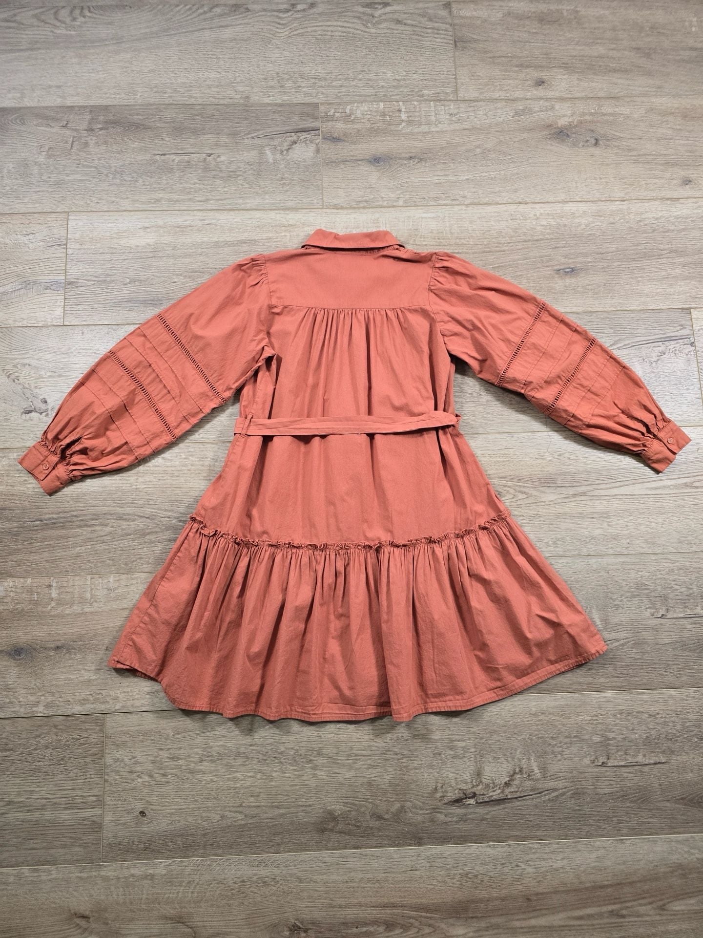PINCH Cotton Shirt Dress Terracotta Long Sleeve Tiered Belted Size S 9