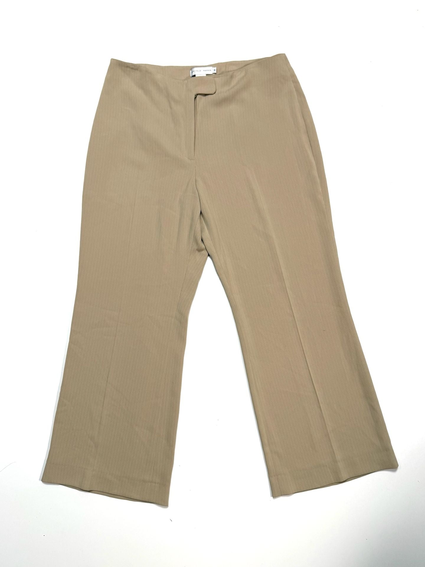 Garfield & Marks Women's Pants Size 14 Quiet Luxury Old Money Minimalist Y2K Heritage Tan Khaki Ribbed Wide Leg Flare Cropped Elise Trousers Lined Made in USA 2