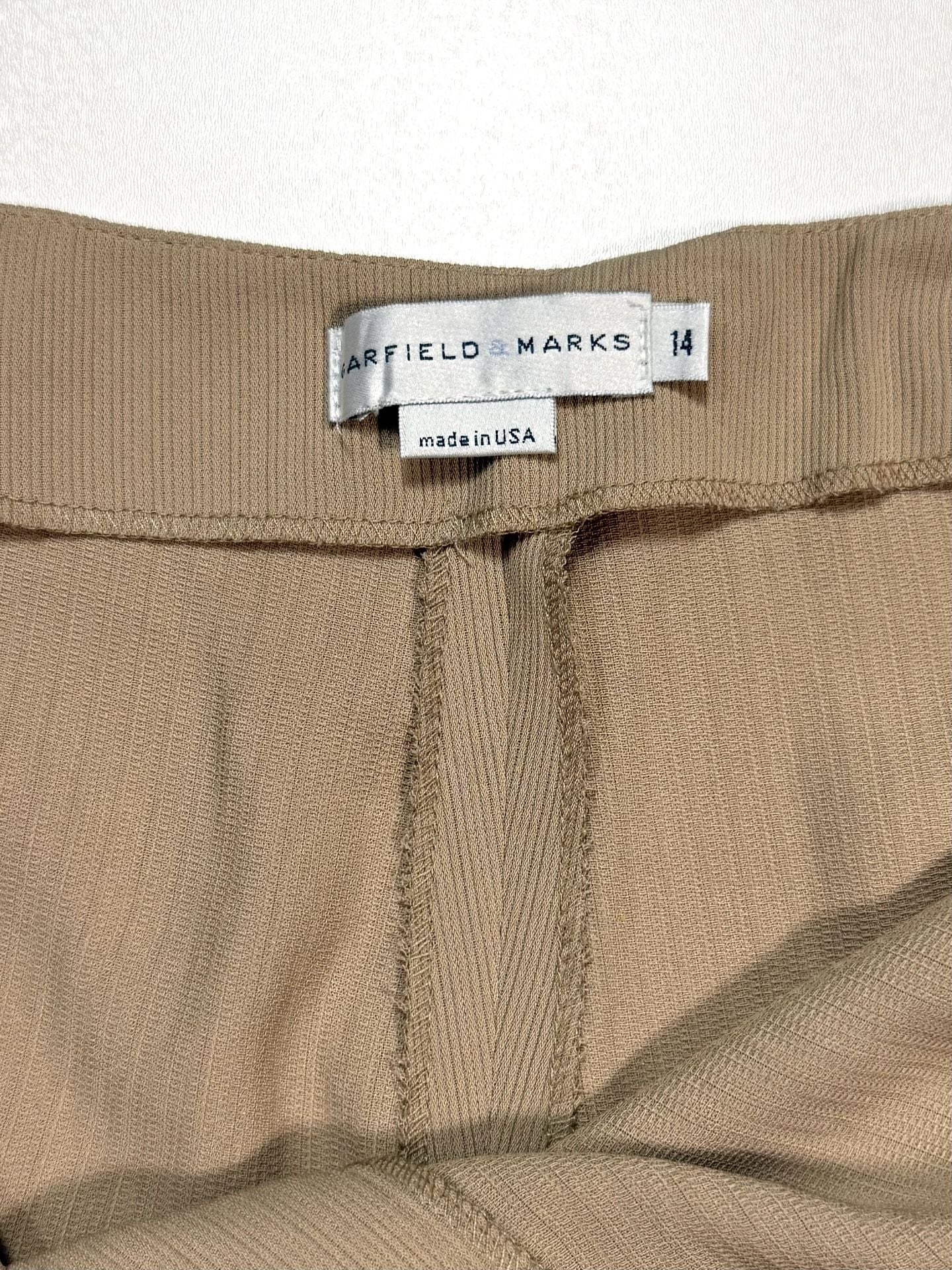 Garfield & Marks Women's Pants Size 14 Quiet Luxury Old Money Minimalist Y2K Heritage Tan Khaki Ribbed Wide Leg Flare Cropped Elise Trousers Lined Made in USA 4