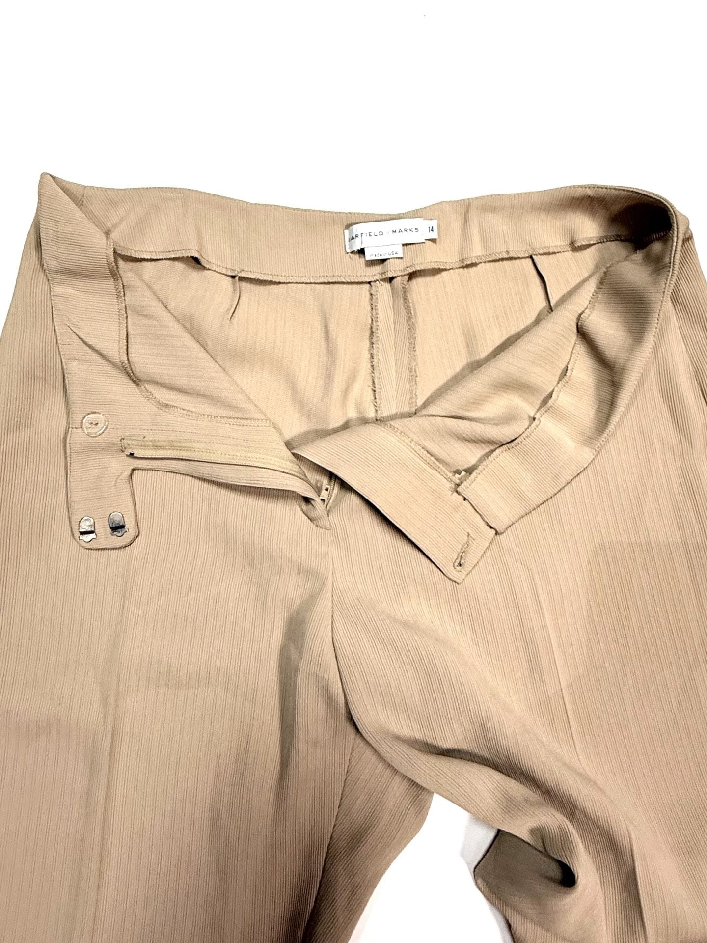Garfield & Marks Women's Pants Size 14 Quiet Luxury Old Money Minimalist Y2K Heritage Tan Khaki Ribbed Wide Leg Flare Cropped Elise Trousers Lined Made in USA 6