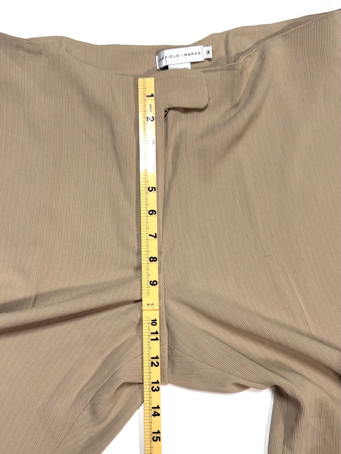 Garfield & Marks Women's Pants Size 14 Quiet Luxury Old Money Minimalist Y2K Heritage Tan Khaki Ribbed Wide Leg Flare Cropped Elise Trousers Lined Made in USA 7
