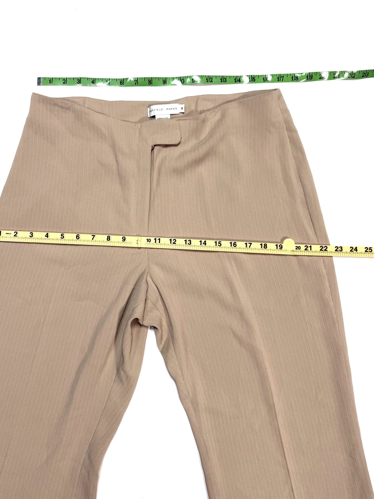 Garfield & Marks Women's Pants Size 14 Quiet Luxury Old Money Minimalist Y2K Heritage Tan Khaki Ribbed Wide Leg Flare Cropped Elise Trousers Lined Made in USA 8