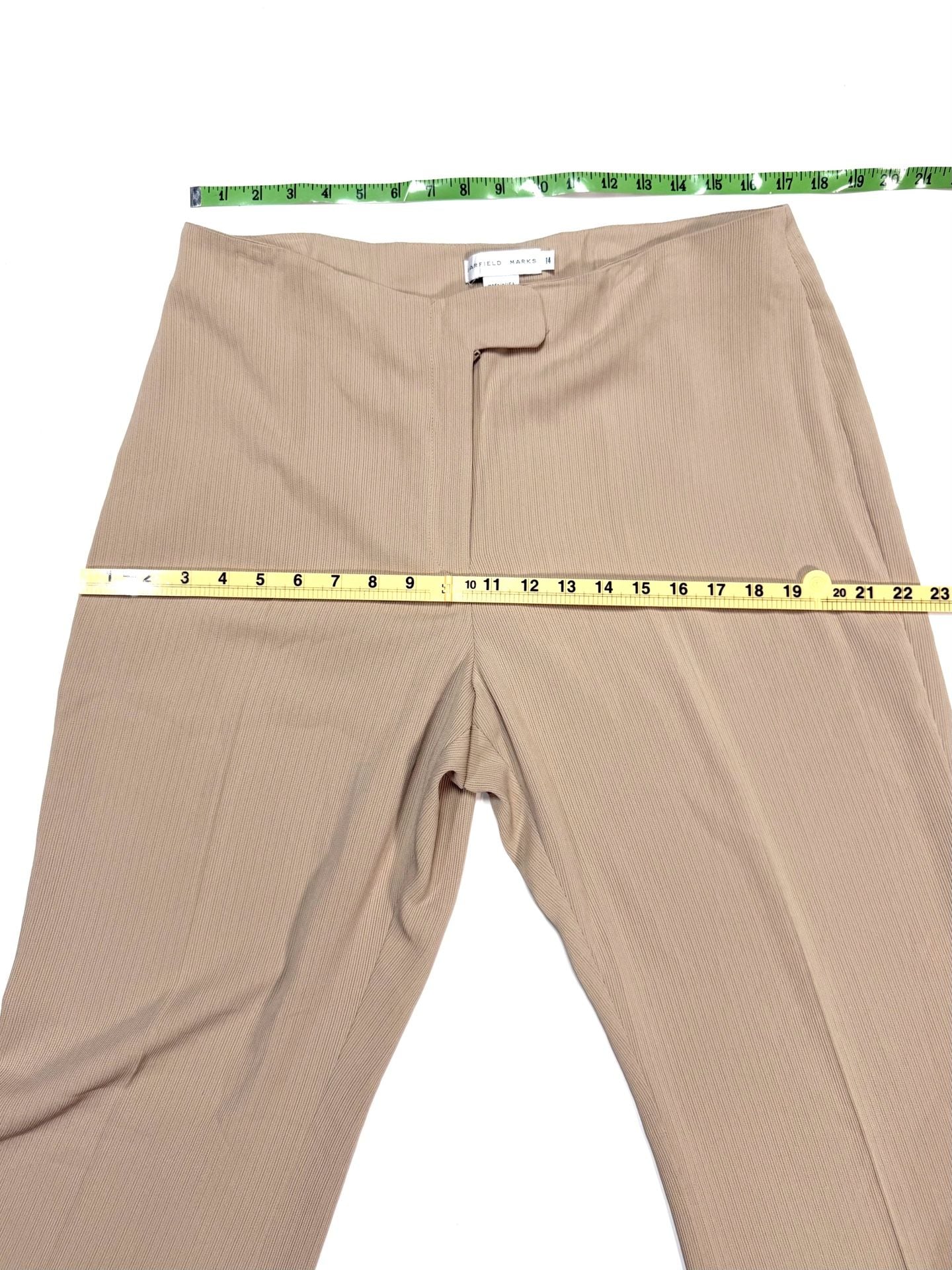 Garfield & Marks Women's Pants Size 14 Quiet Luxury Old Money Minimalist Y2K Heritage Tan Khaki Ribbed Wide Leg Flare Cropped Elise Trousers Lined Made in USA 9