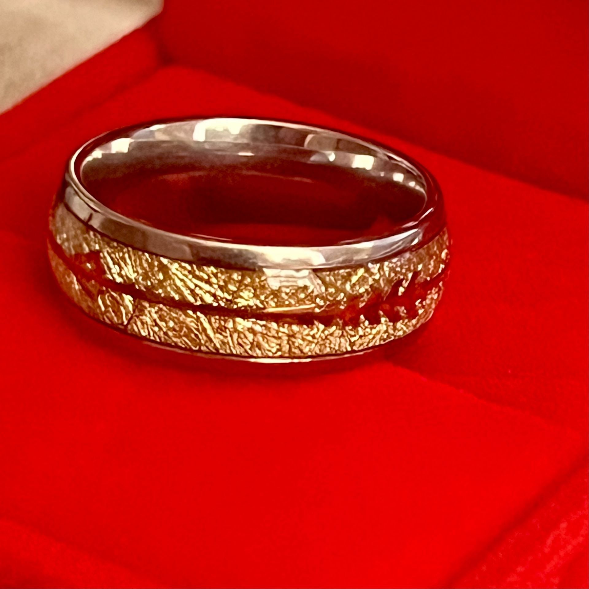 Tungsten Yellow Gold 8mm Ring with White Meteorite Inlay and Arrow Size 9 5