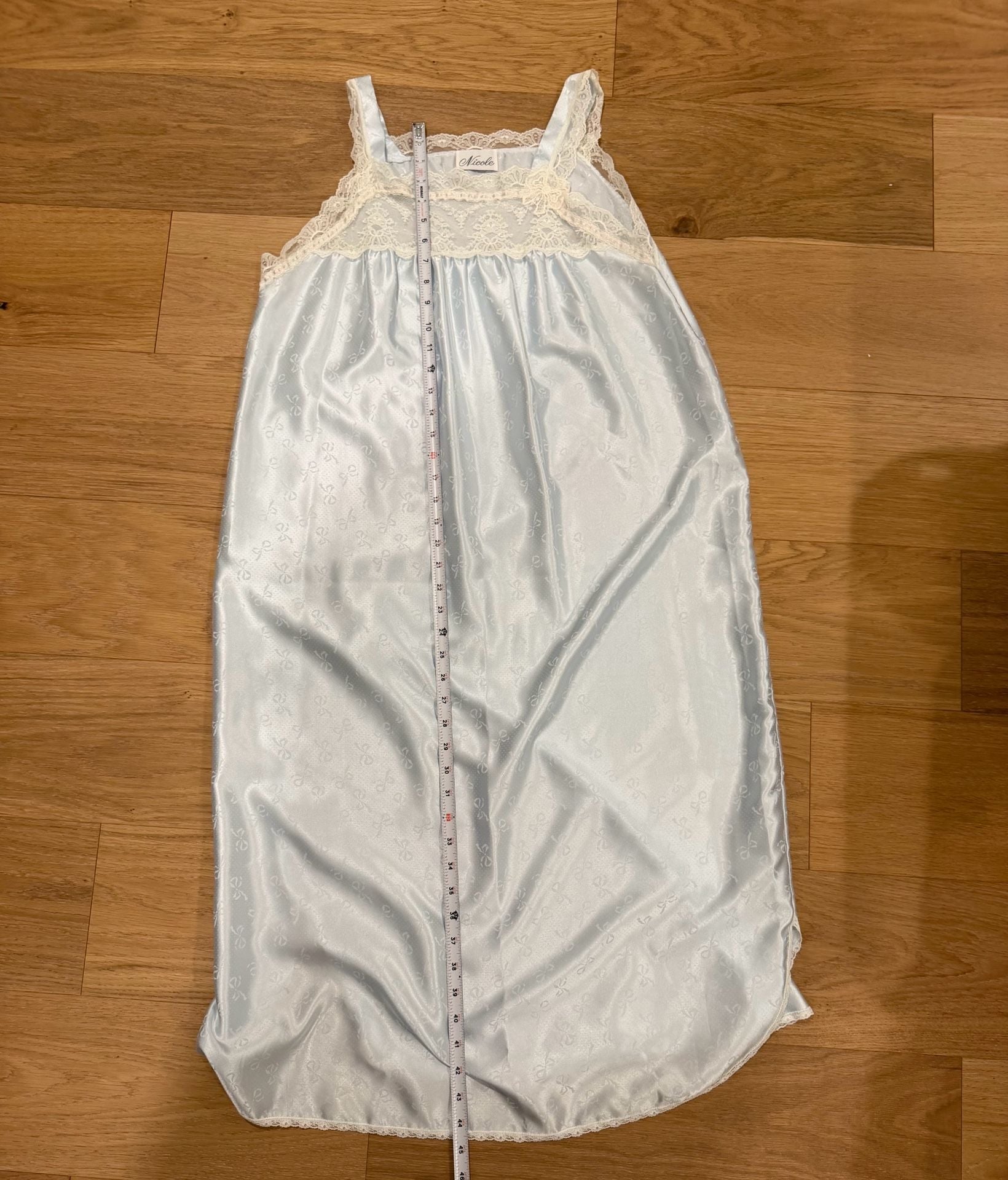 Nicole 2 pc set coquette Vintage Light Blue Satin Lace Nightgown & Dressing Robe 9