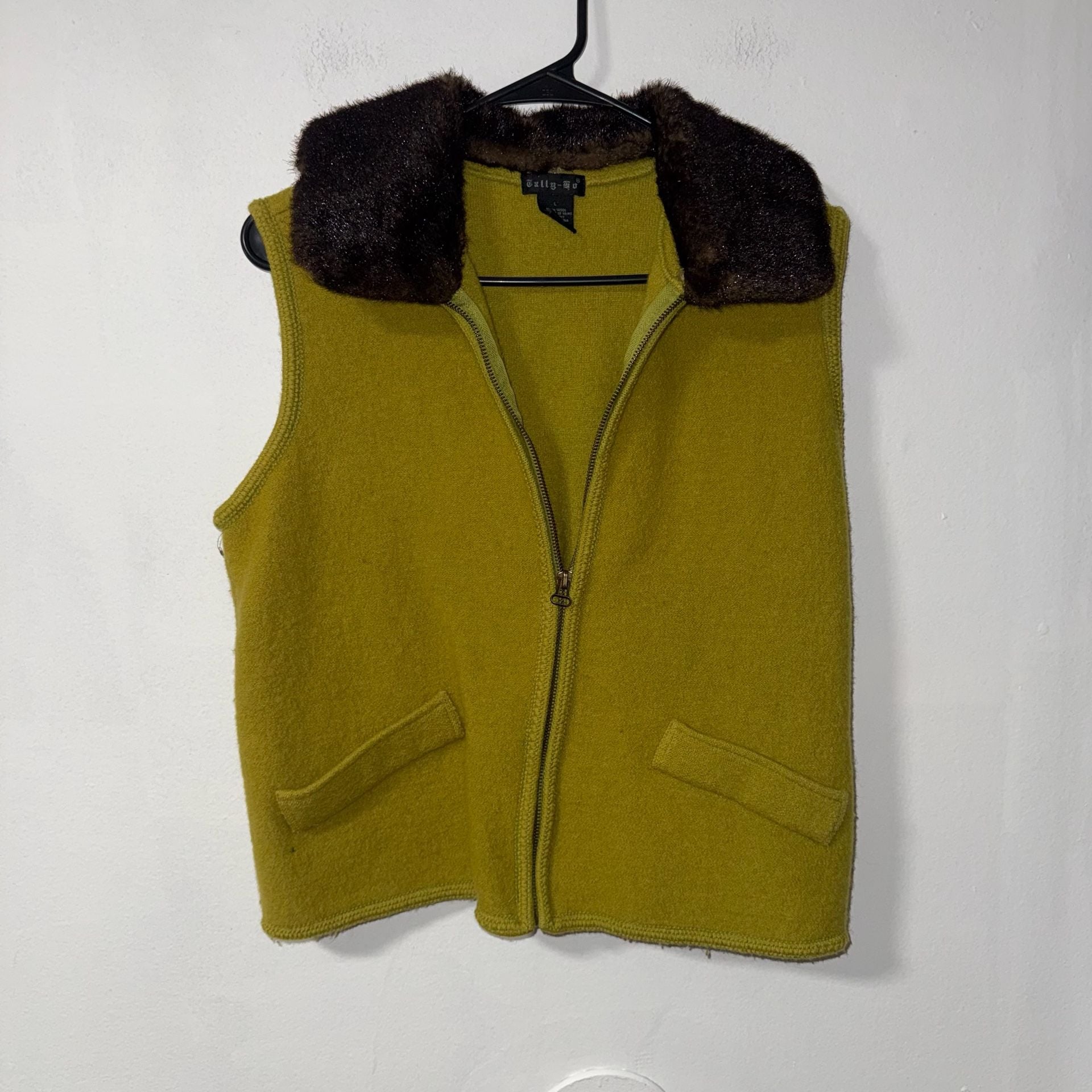 Tally-Ho Wool Faux Fur Collar Zip Vest Size L 2