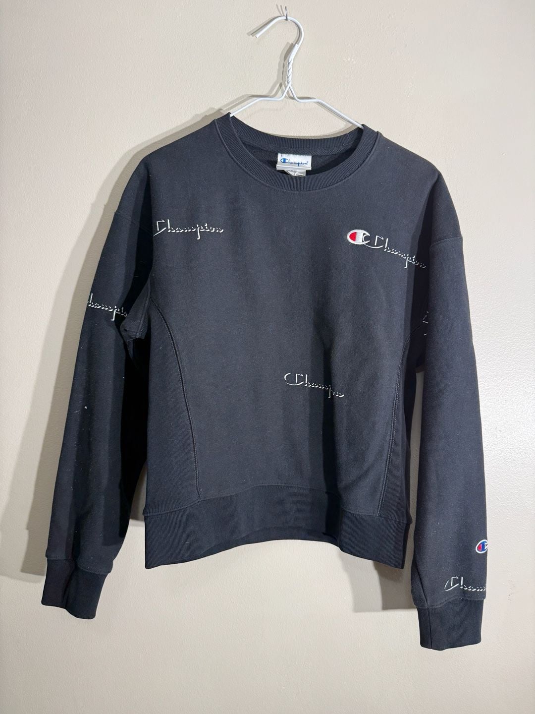 Champion Reverse Weave Sweatshirt Size Small Black All Over Script Logo 2