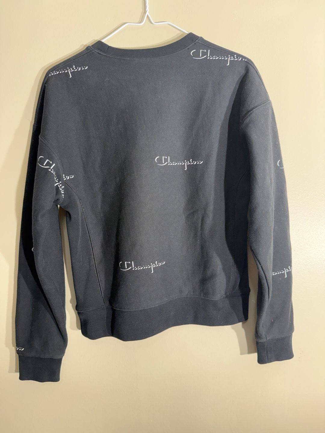 Champion Reverse Weave Sweatshirt Size Small Black All Over Script Logo 4