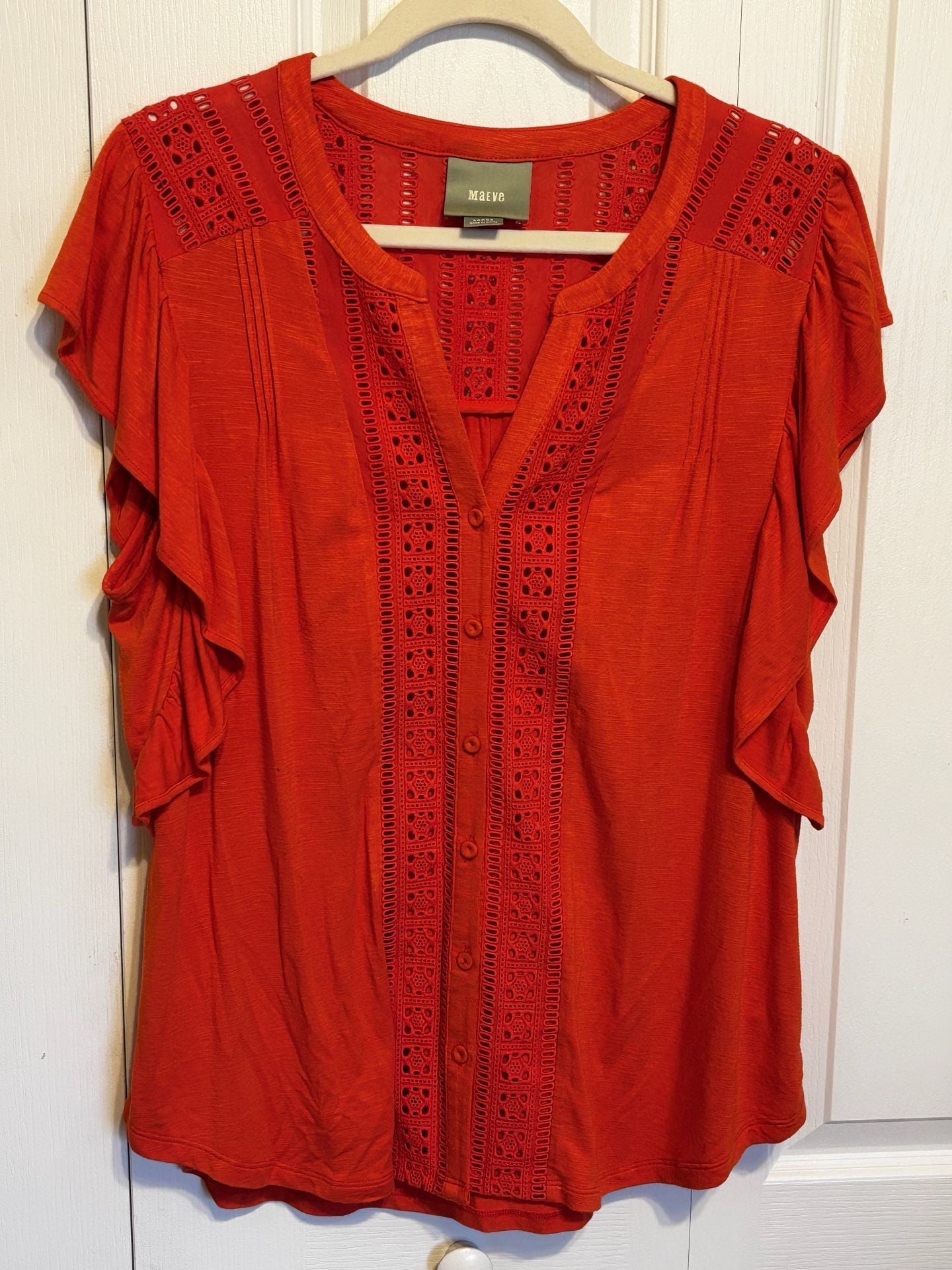 Maeve Red Lace Trim Button Front Top Size Large 2