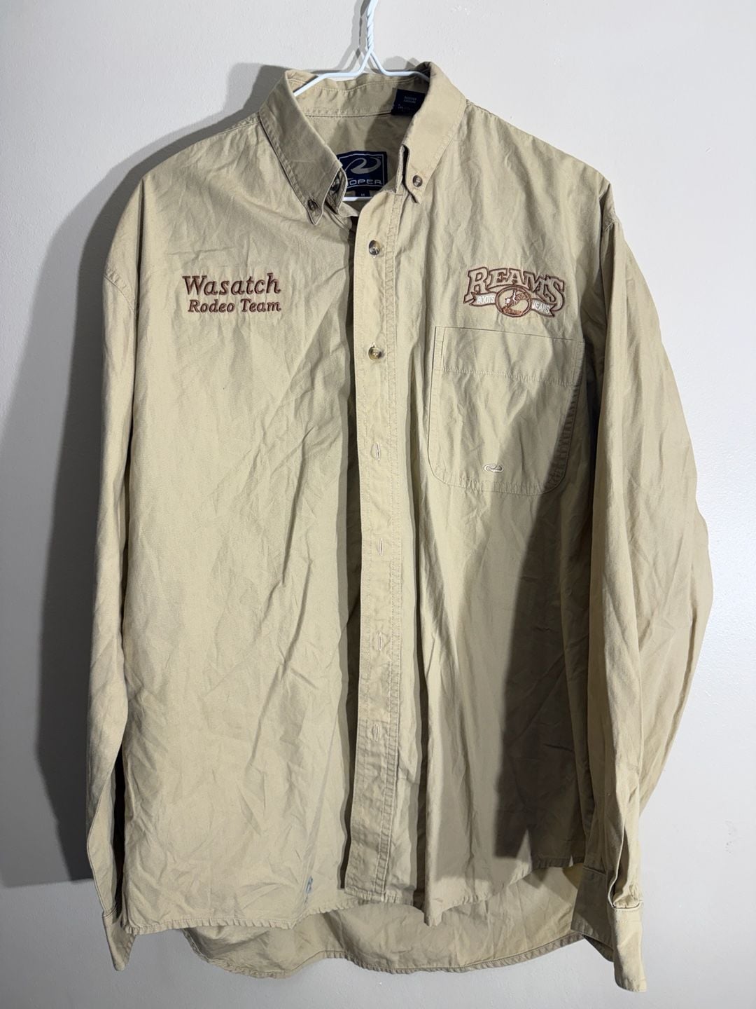 Roper Wasatch Rodeo Team Button Down Shirt Size M Tan Long Sleeve 2