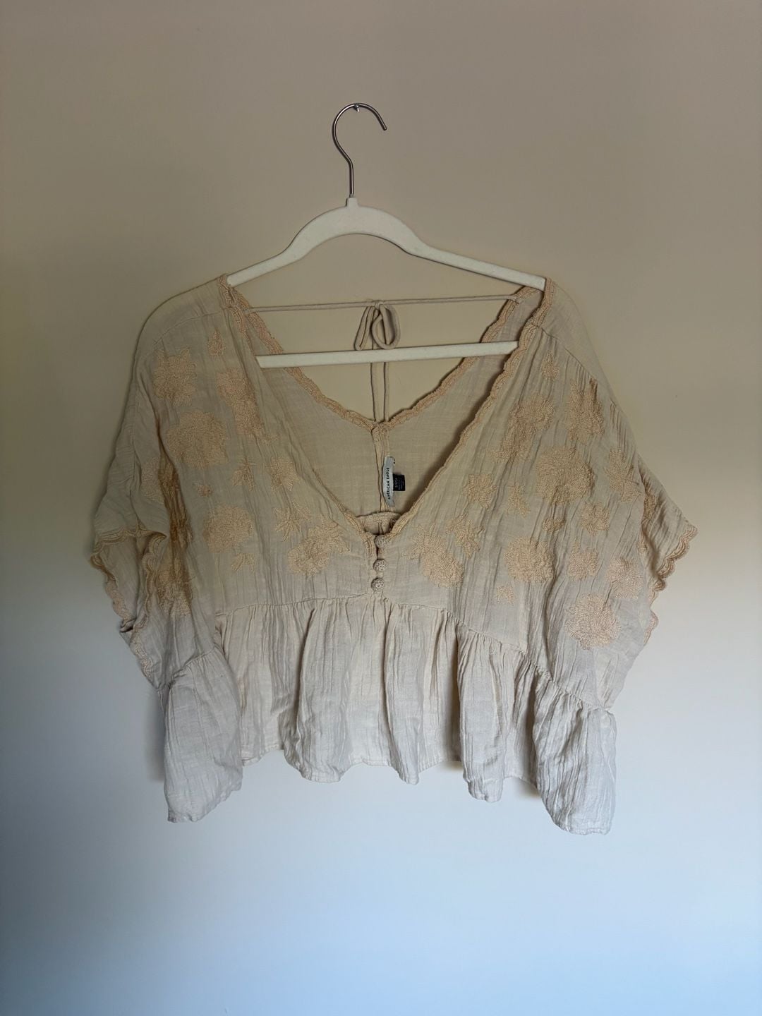 American Eagle Embroidered Peasant Top Size S Beige Boho Blouse 3
