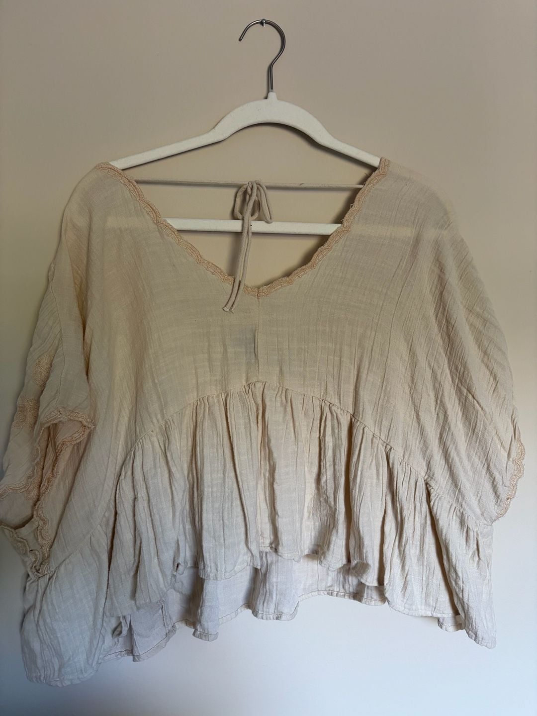 American Eagle Embroidered Peasant Top Size S Beige Boho Blouse 5