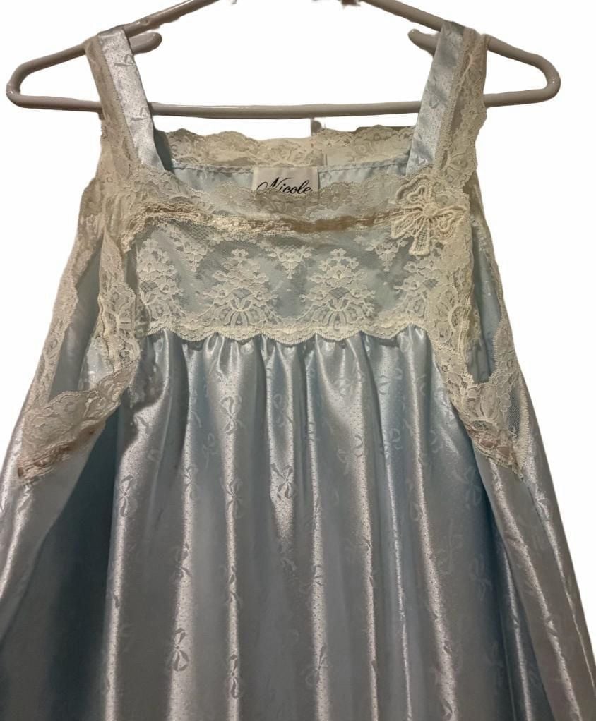 Nicole 2 pc set coquette Vintage Light Blue Satin Lace Nightgown & Dressing Robe 1