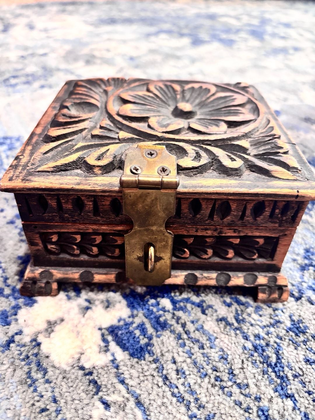 Handmade Carved Wooden Jewelry Box with Brass Latch 1