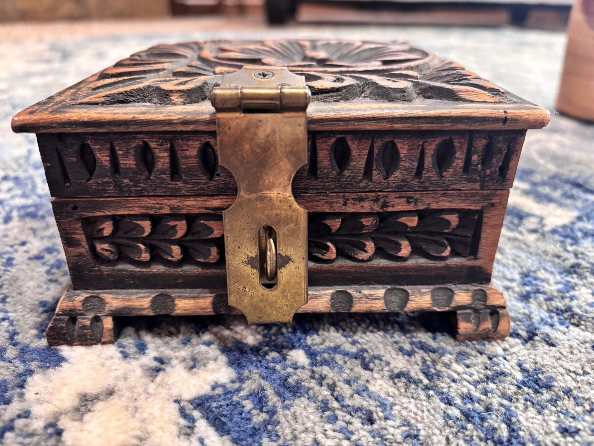 Handmade Carved Wooden Jewelry Box with Brass Latch 2