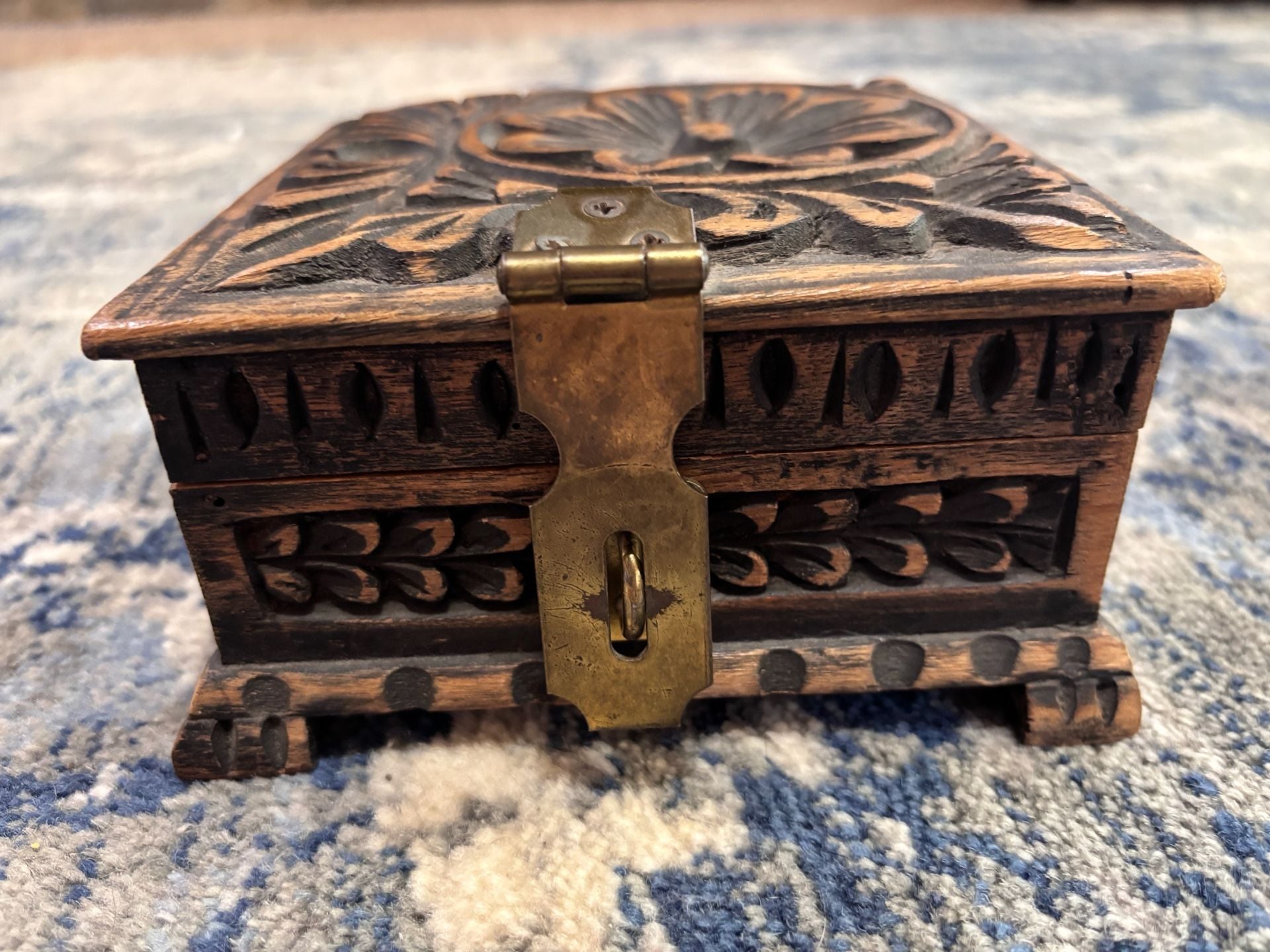Handmade Carved Wooden Jewelry Box with Brass Latch 3