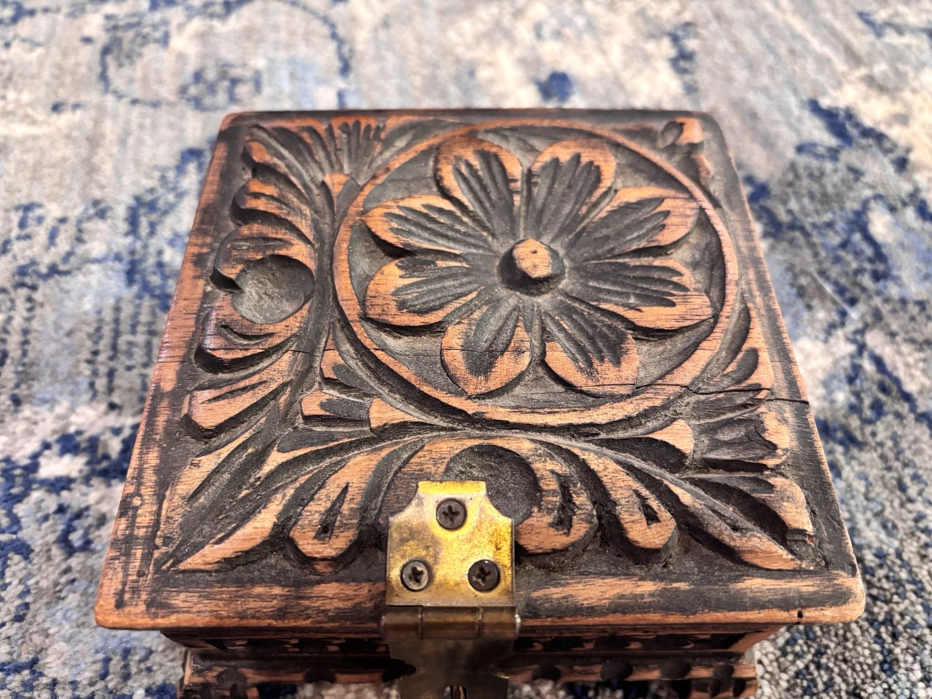 Handmade Carved Wooden Jewelry Box with Brass Latch 4