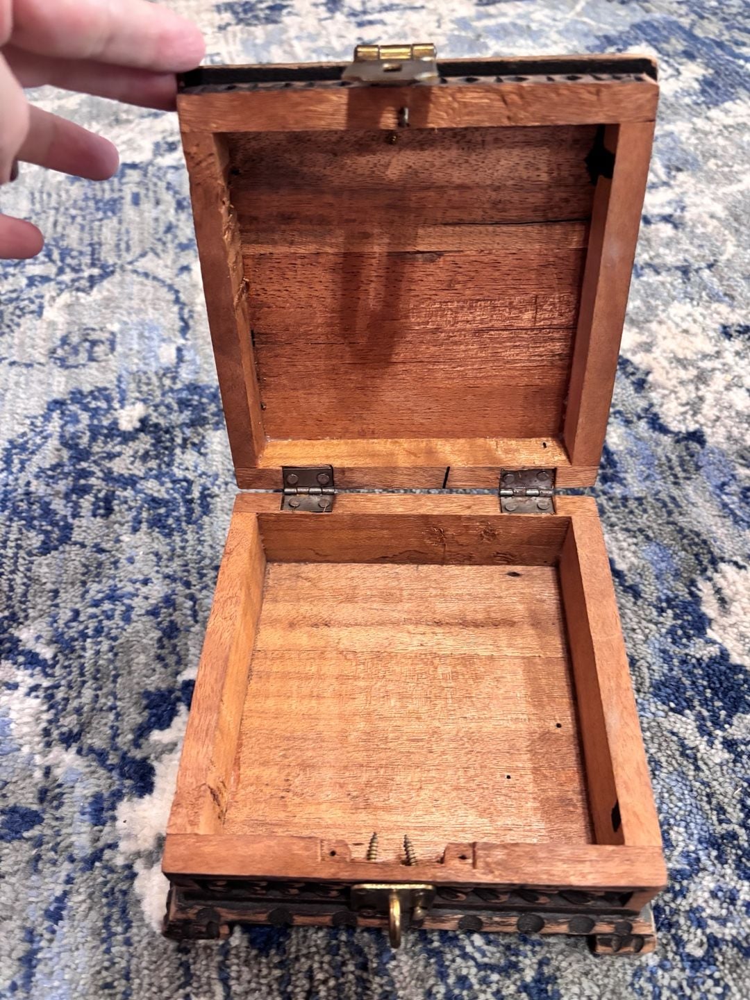 Handmade Carved Wooden Jewelry Box with Brass Latch 5