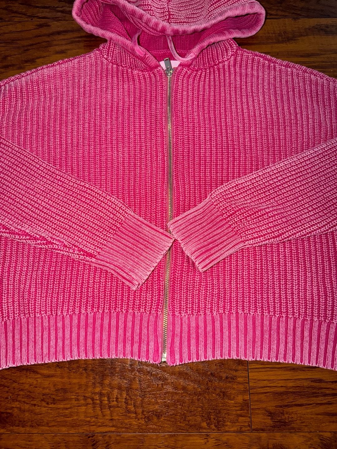 Aerie Zip Up Knit Hoodie Pink Cotton Blend Oversized Sweater 3