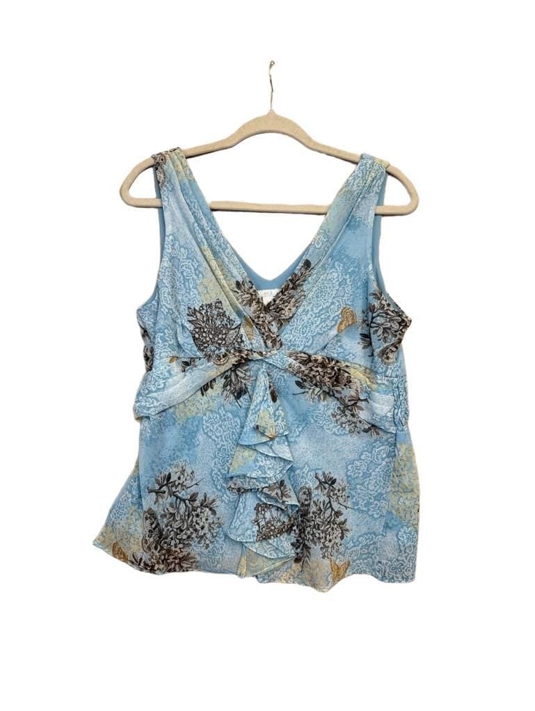 Fairycore Floral Butterfly Print Ruffle V-Neck Tank Top Size L Blue 3