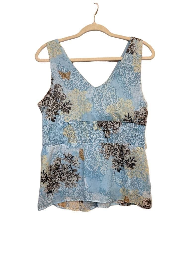 Fairycore Floral Butterfly Print Ruffle V-Neck Tank Top Size L Blue 5