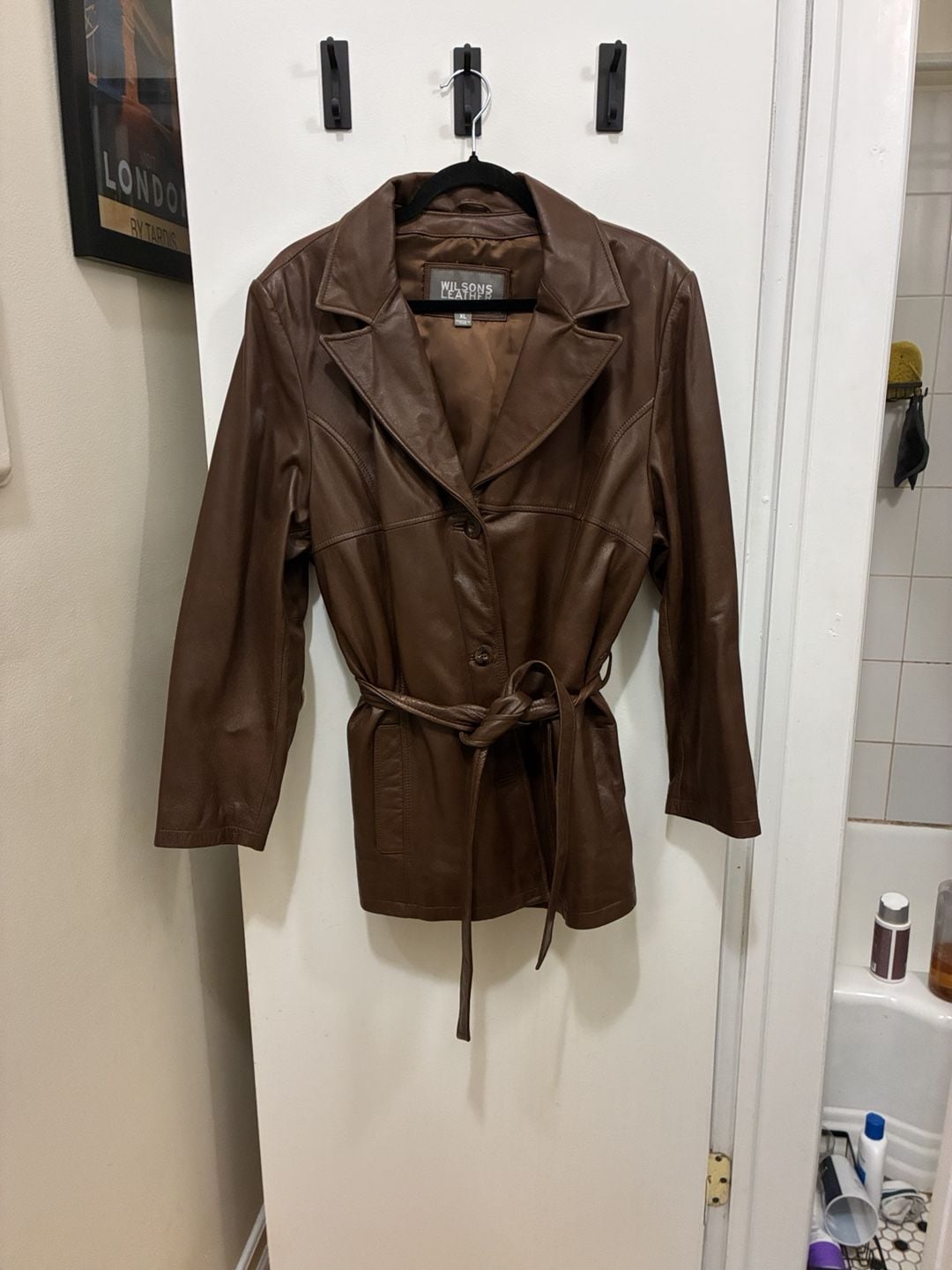 Vintage 1990s Wilsons Leather Jacket Size XL Brown Leather Belted Blazer Coat 2