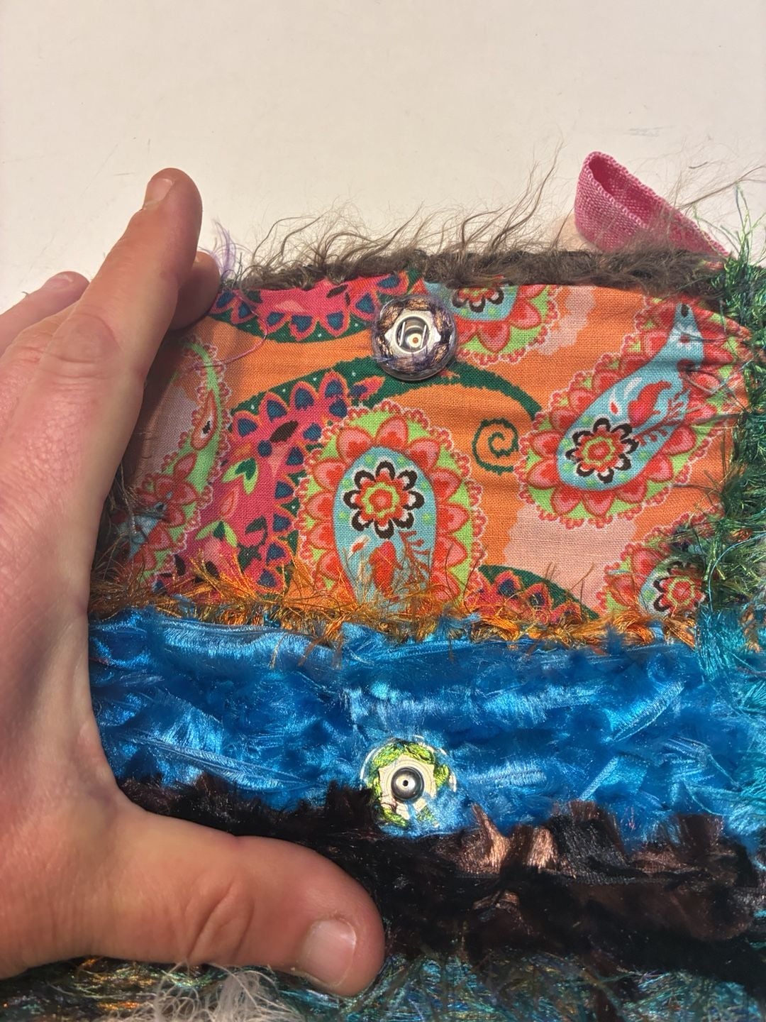 Handmade Shaggy Yarn & Paisley Fabric Clutch Purse Multi-Color 5