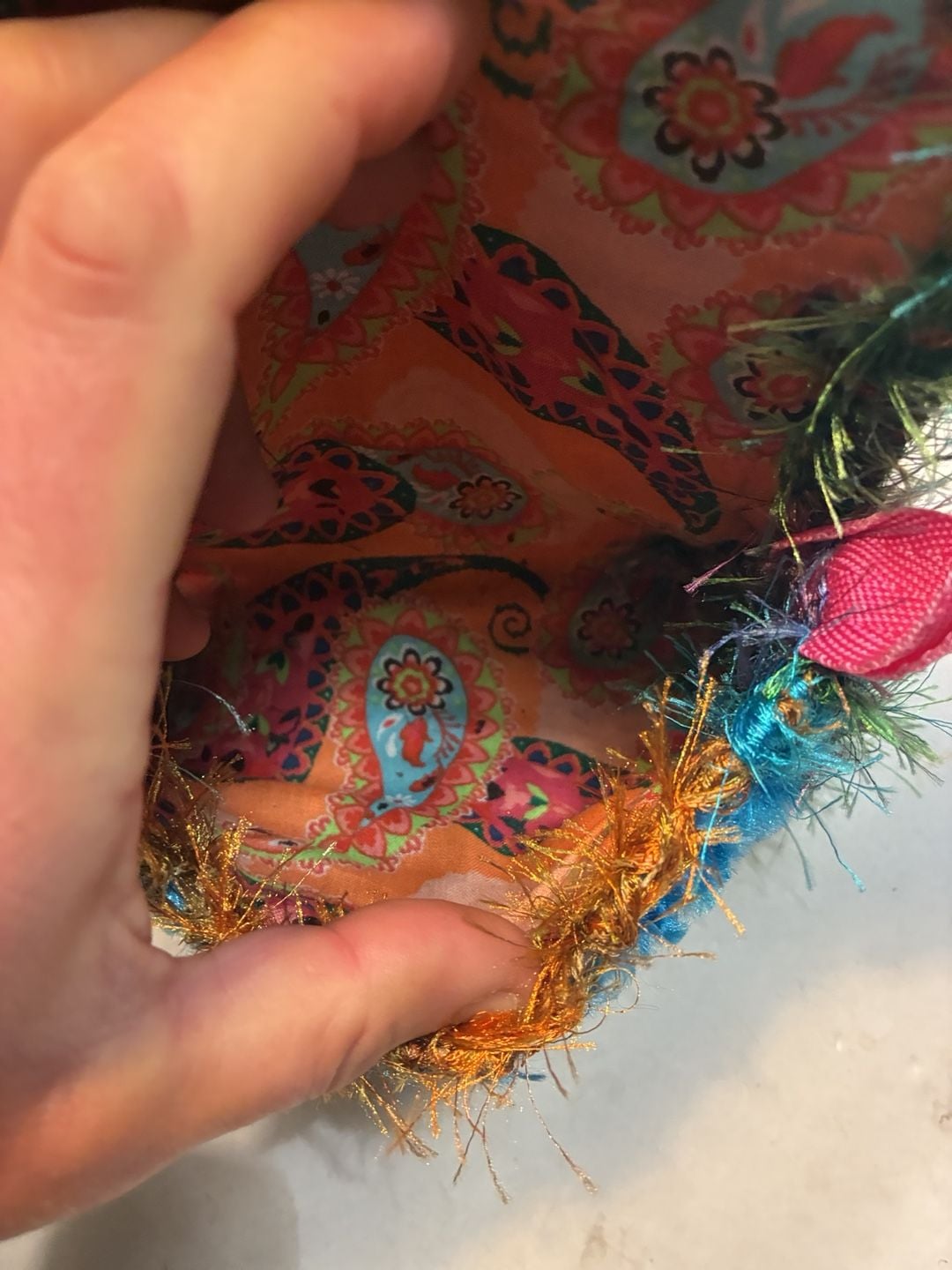 Handmade Shaggy Yarn & Paisley Fabric Clutch Purse Multi-Color 6