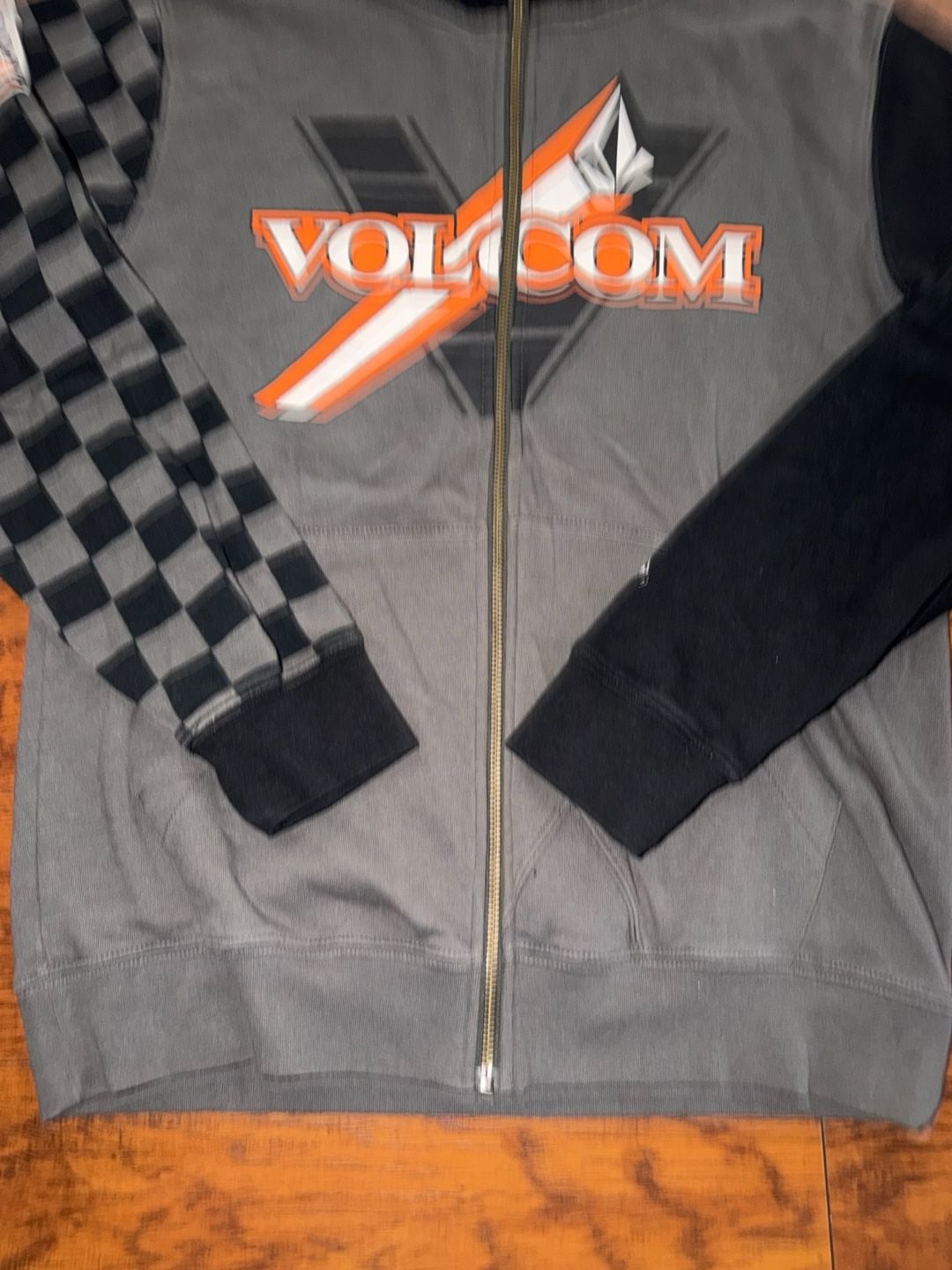 Youth XL Volcom Full Zip Hoodie Face Mask Goggles Checkered Gray Orange 3
