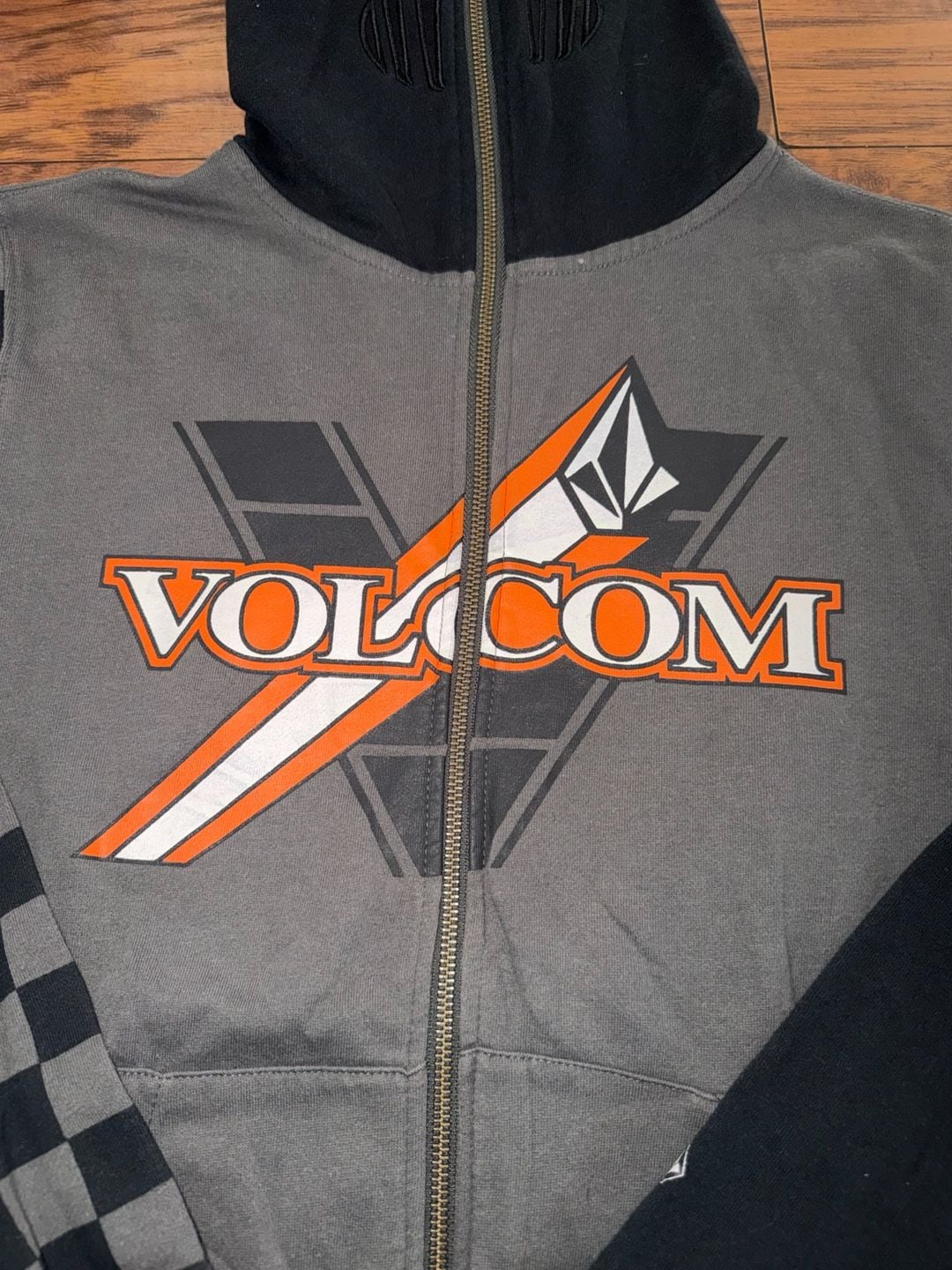 Youth XL Volcom Full Zip Hoodie Face Mask Goggles Checkered Gray Orange 4