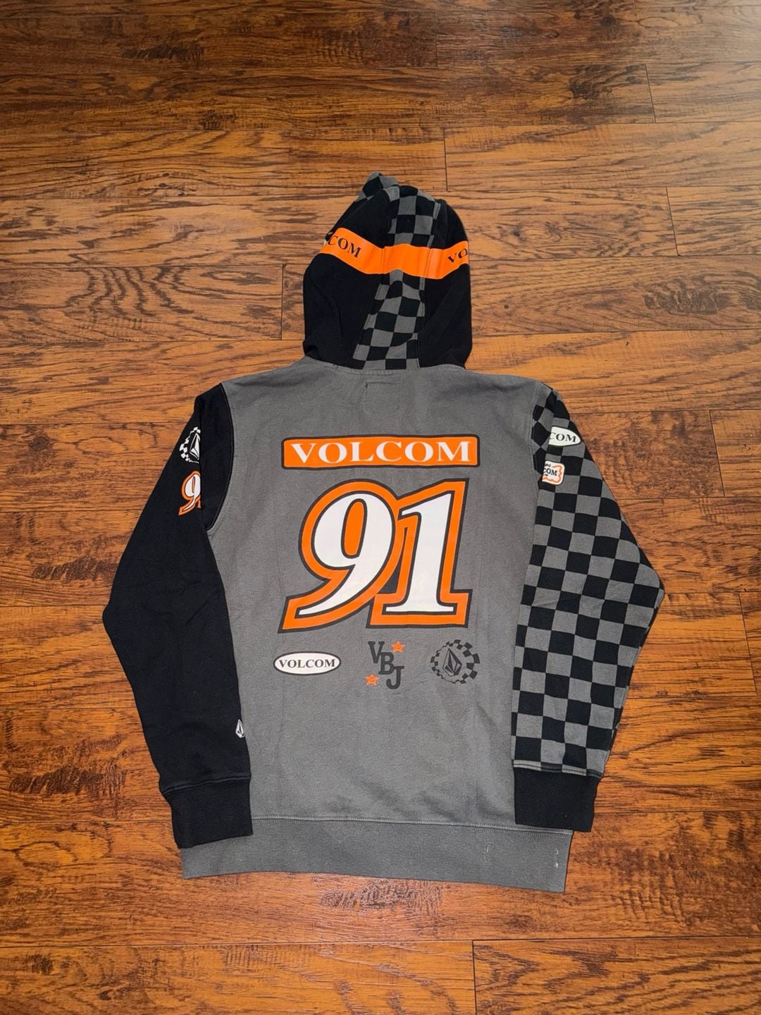 Youth XL Volcom Full Zip Hoodie Face Mask Goggles Checkered Gray Orange 7