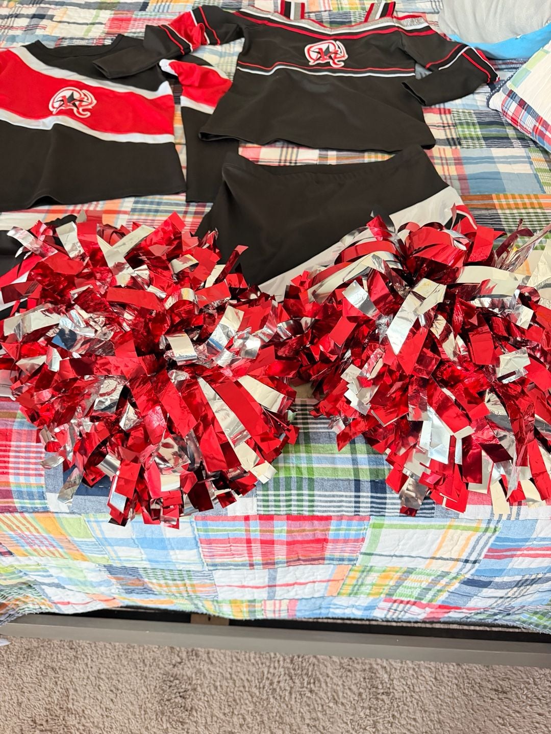 Varsity Spirit Cheer Uniform Set Skirt Tops Pom Poms 7