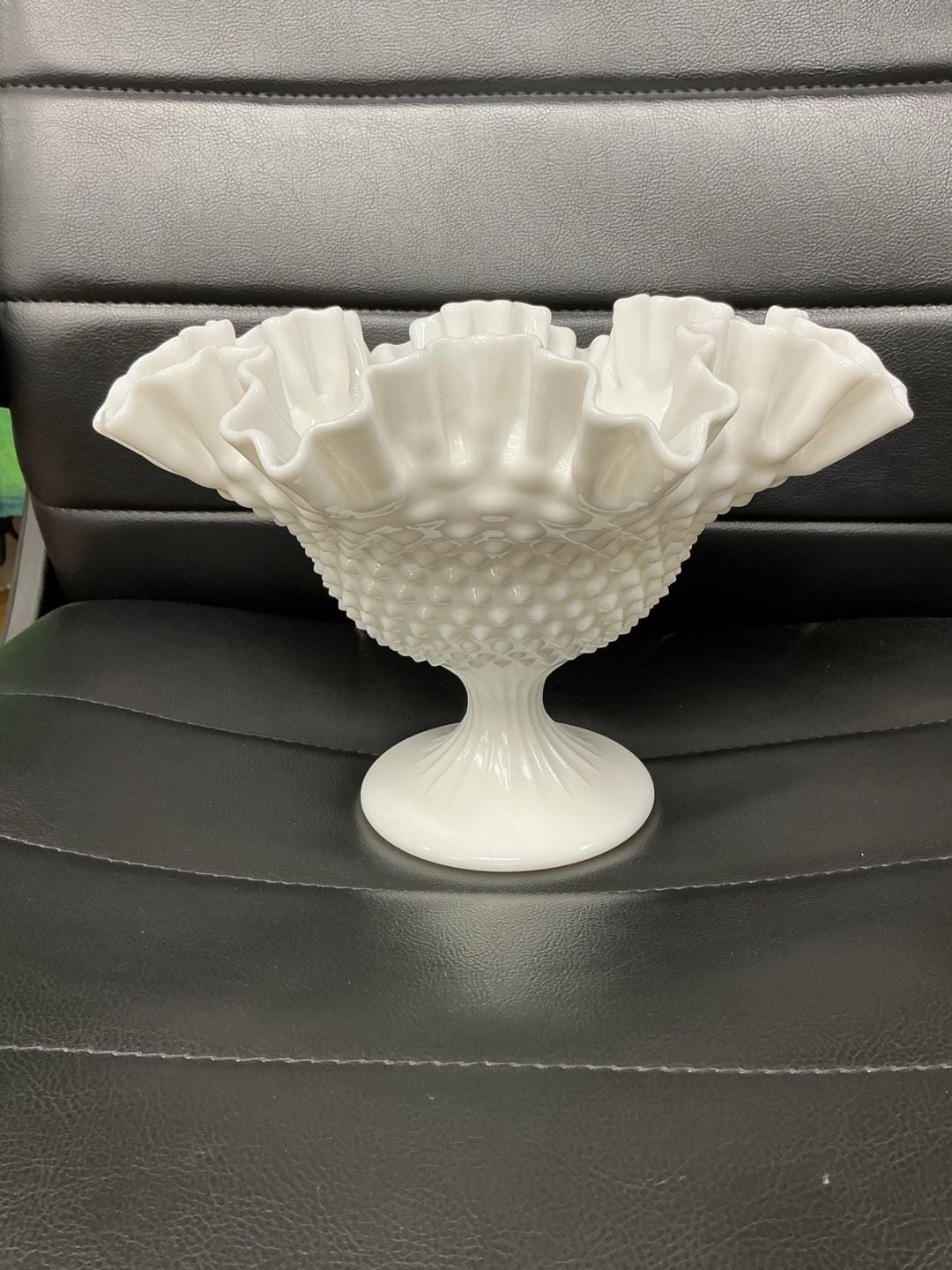 Fenton White Milk Glass Hobnail Footed Ruffled Compote Bowl 1