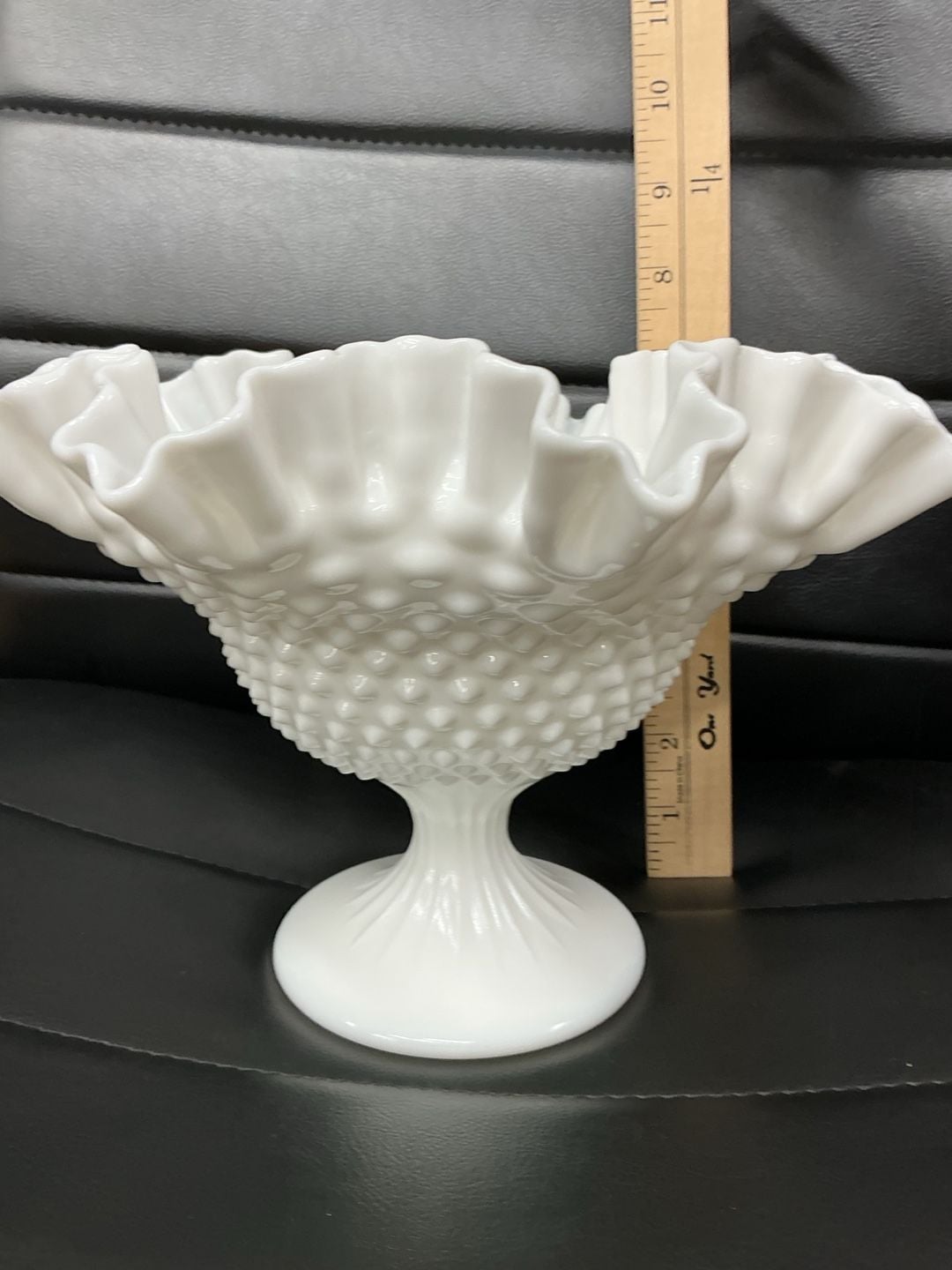 Fenton White Milk Glass Hobnail Footed Ruffled Compote Bowl 4