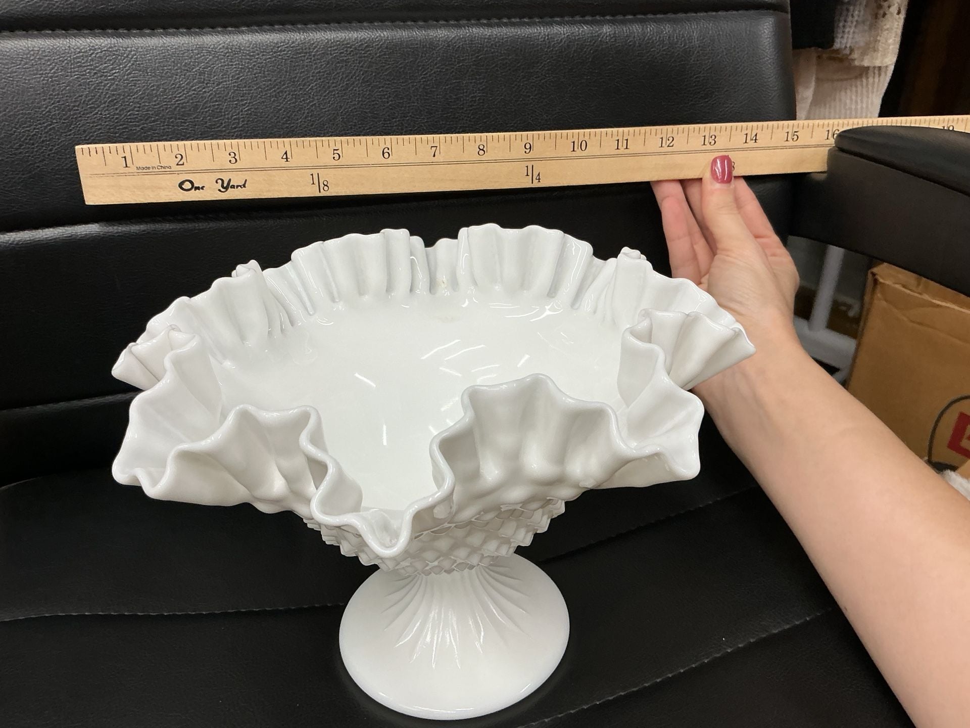 Fenton White Milk Glass Hobnail Footed Ruffled Compote Bowl 5