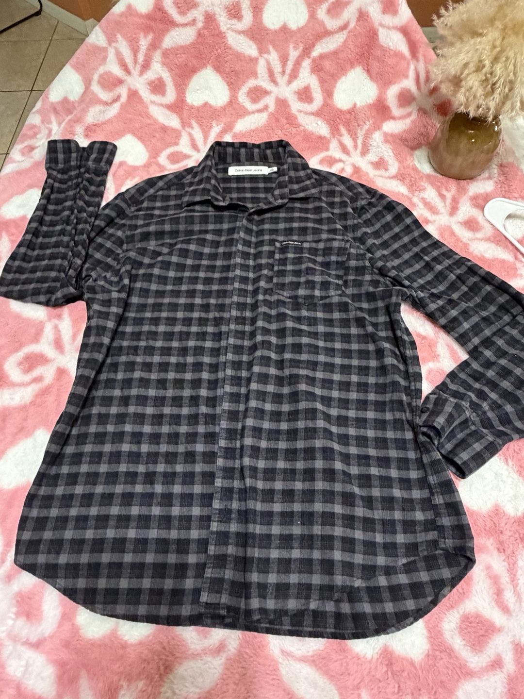 Calvin Klein Jeans Plaid Long Sleeve Button-Down Shirt Size M Black Gray 3