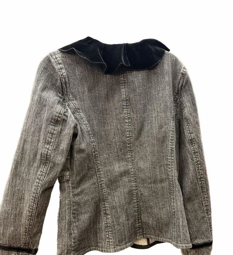Preppy J.Crew Denim Blazer Size 8 Black Velvet Ruffle Collar Jacket 7
