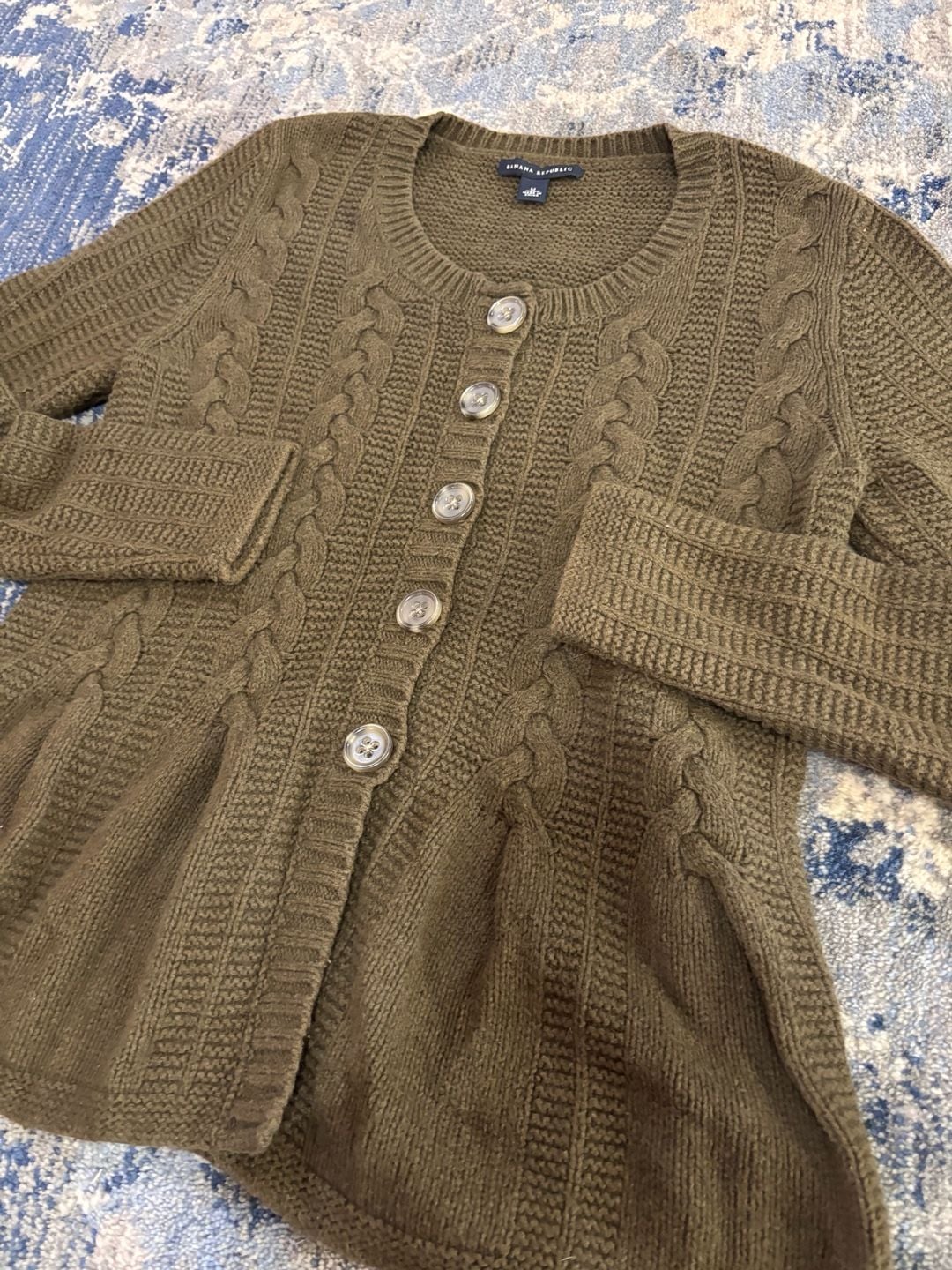 Banana Republic Cardigan Size M Olive Cable Knit Peplum Sweater 4
