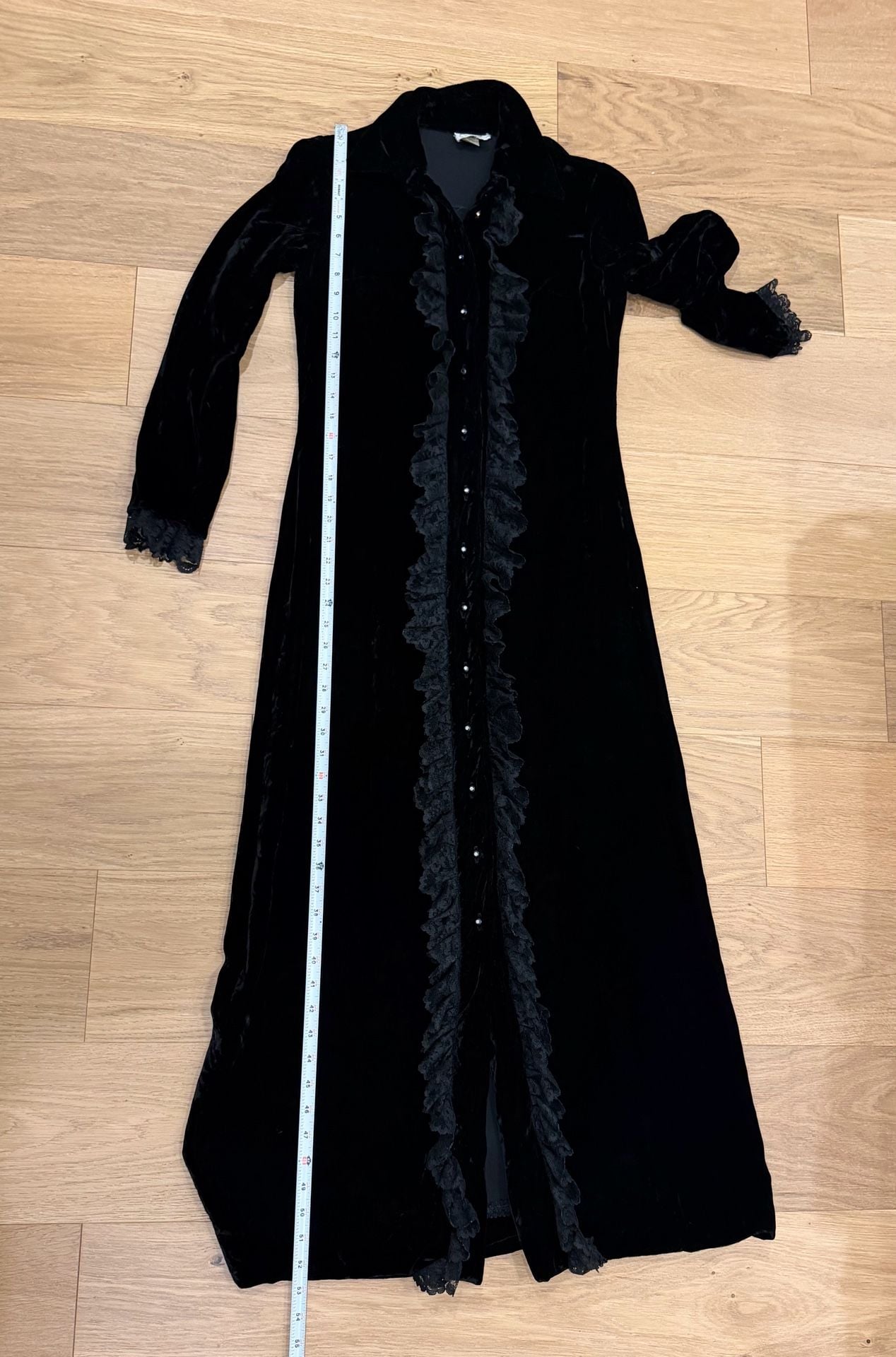 Pat Richards Vintage Velvet Lace Ruffle Long Dress/ Robe Black Gothic size 11/12 3