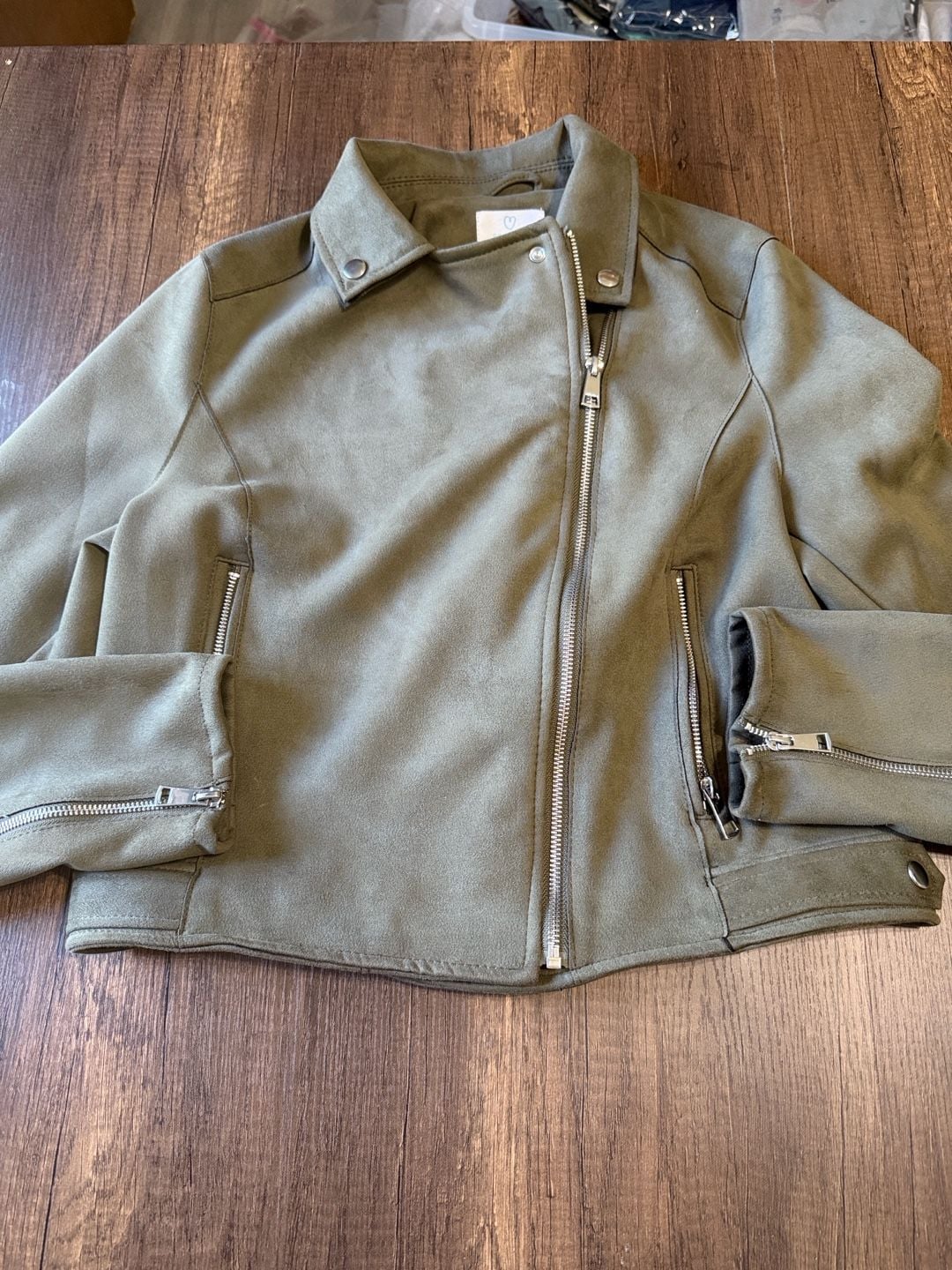 Primark Faux Suede Biker Jacket Size S Olive Green 2