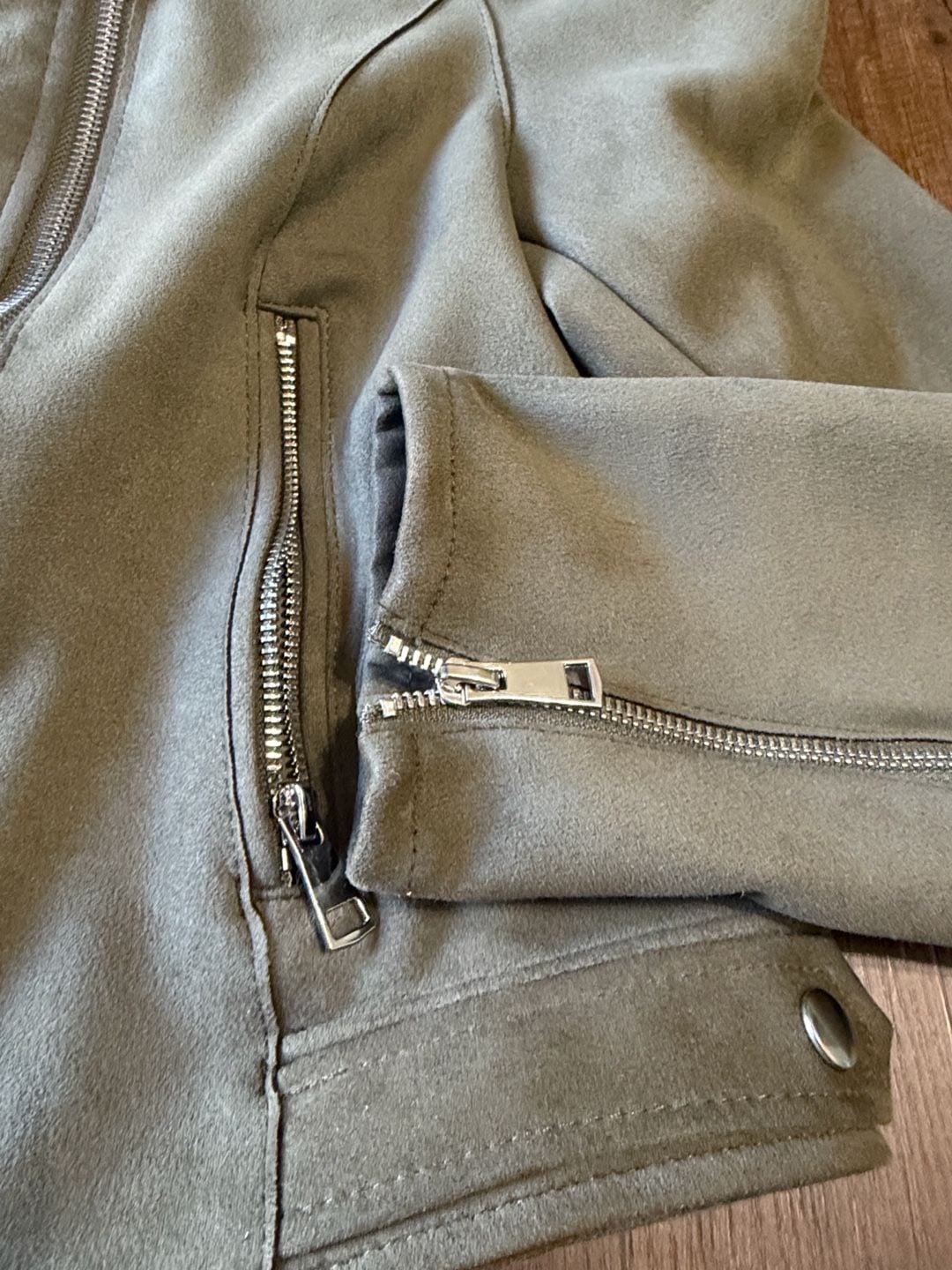 Primark Faux Suede Biker Jacket Size S Olive Green 3