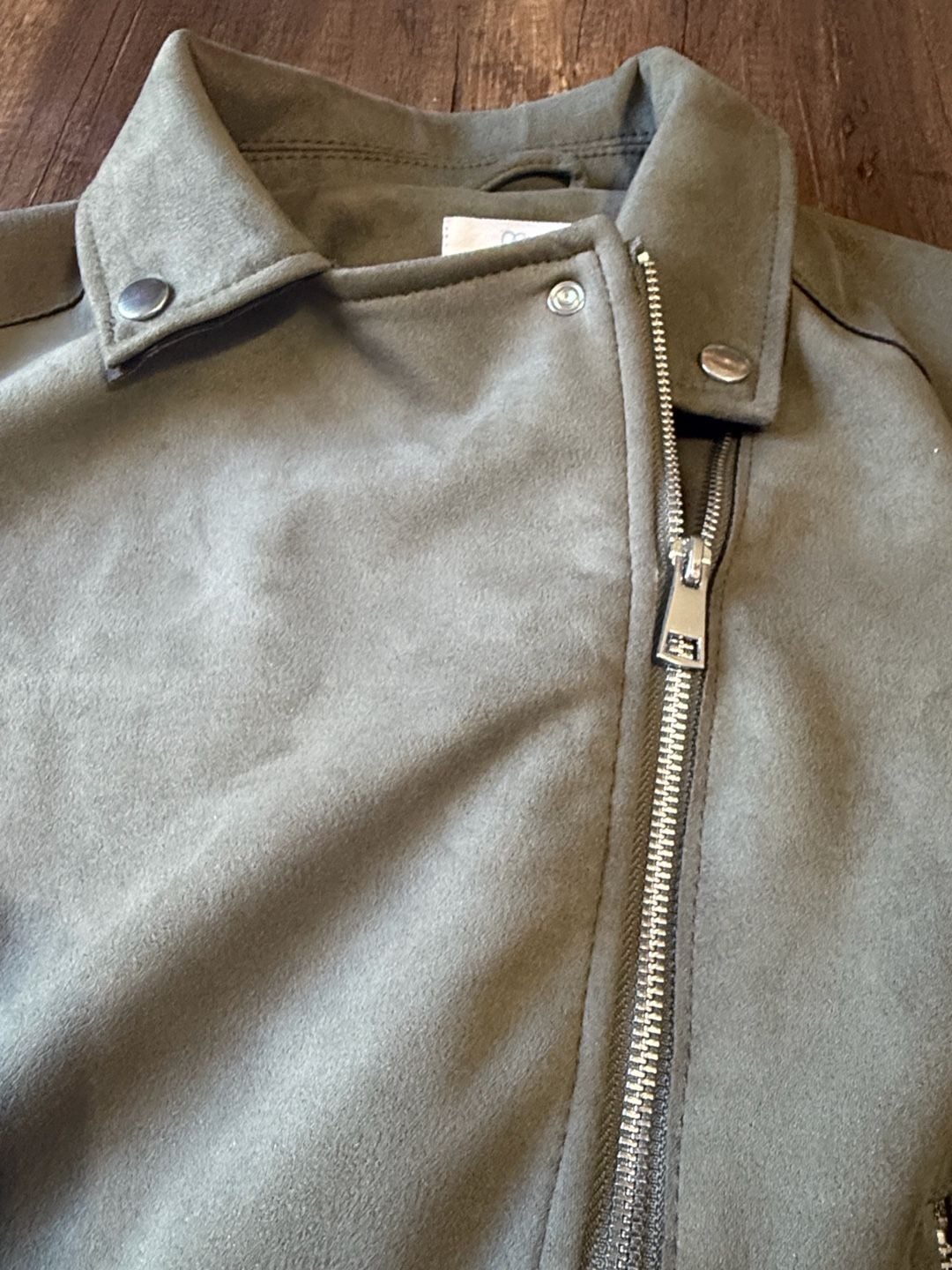 Primark Faux Suede Biker Jacket Size S Olive Green 4
