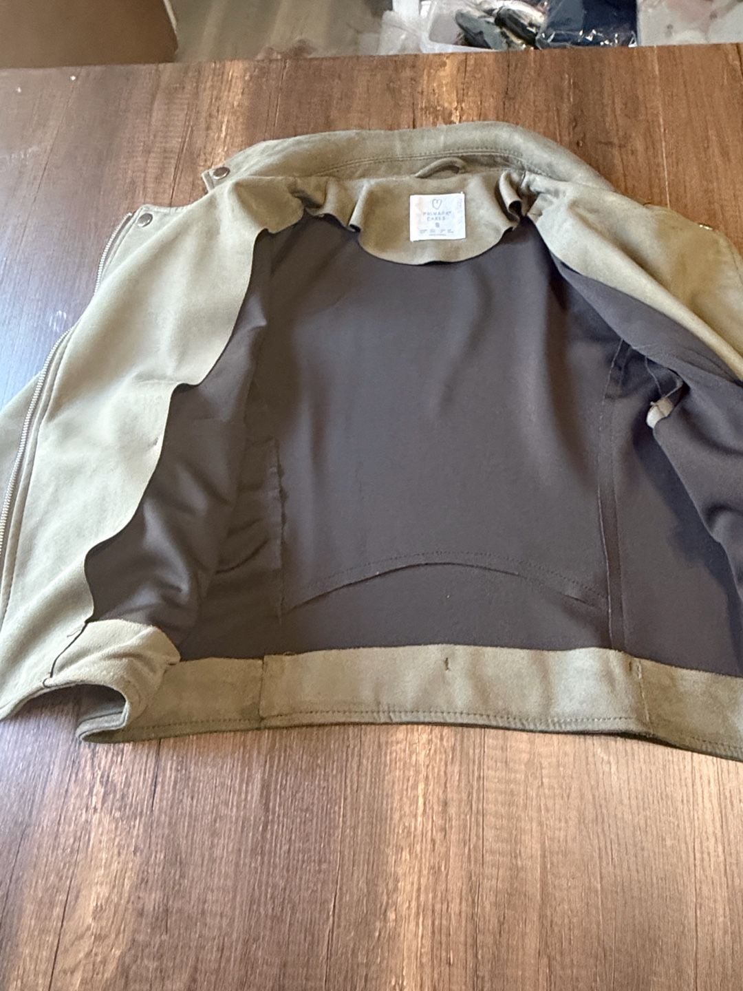 Primark Faux Suede Biker Jacket Size S Olive Green 7
