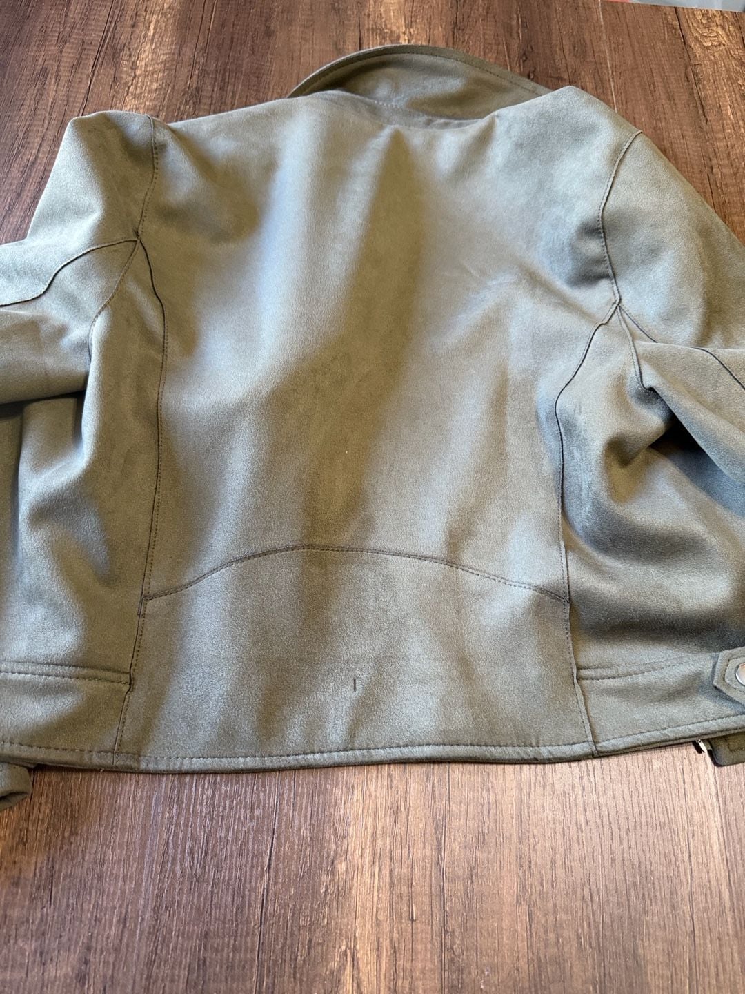 Primark Faux Suede Biker Jacket Size S Olive Green 8