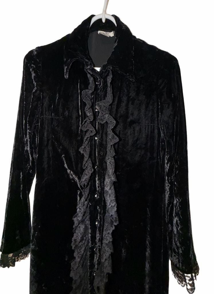 Pat Richards Vintage Velvet Lace Ruffle Long Dress/ Robe Black Gothic size 11/12 2