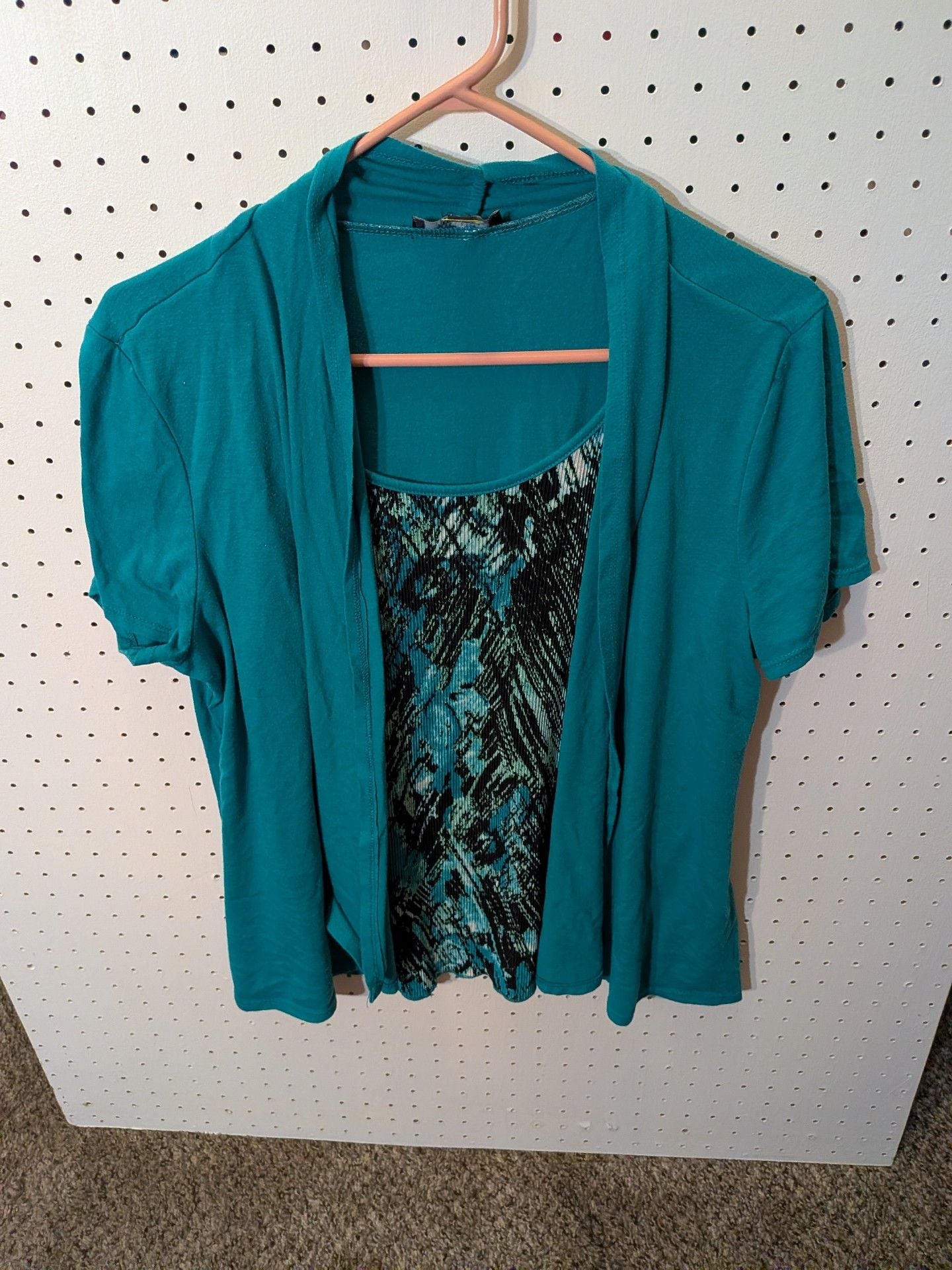 Elementz Layered Top Size XL Teal Blue Black Pattern Short Sleeve 2