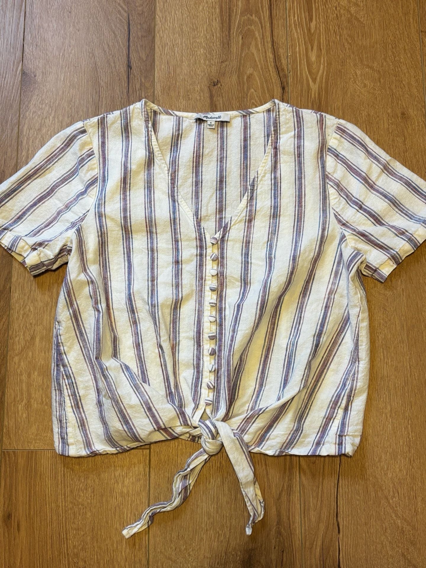 Madewell Striped Tie Front Blouse Size S Linen Cotton 2