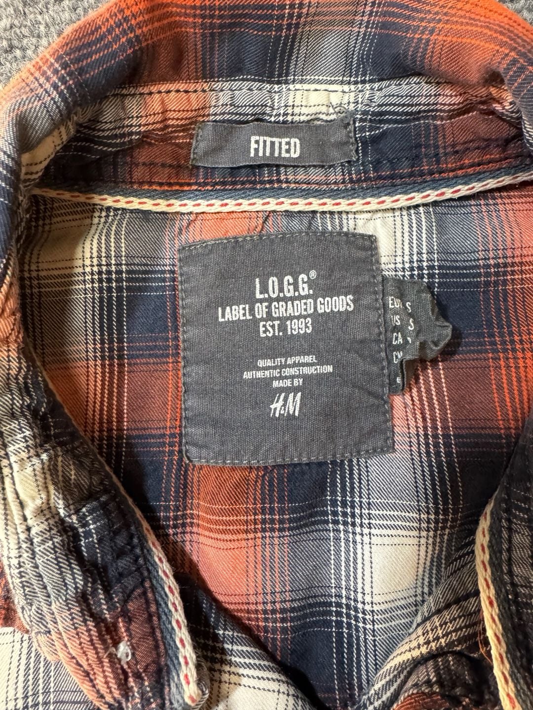 H&M L.O.G.G. Plaid Western Shirt Orange Navy Fitted 3