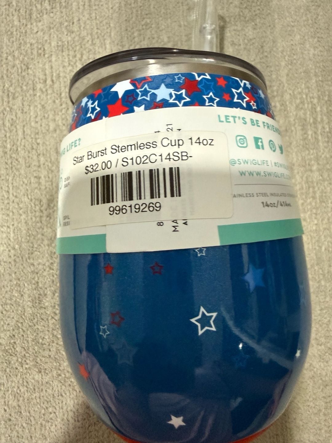 NWT Swig Life Star Burst Stemless Cup 14oz Blue Red White 2